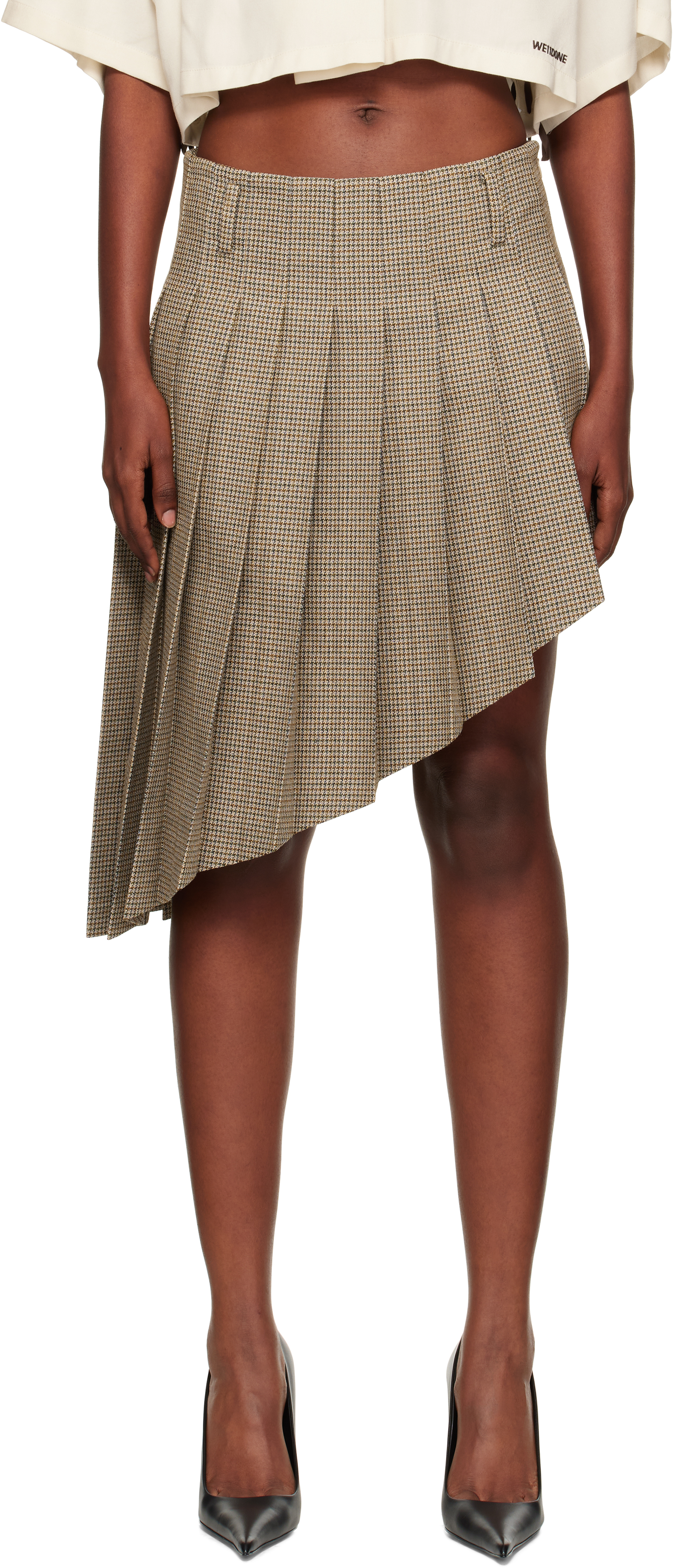 Beige Asymmetric Checked Midi Skirt