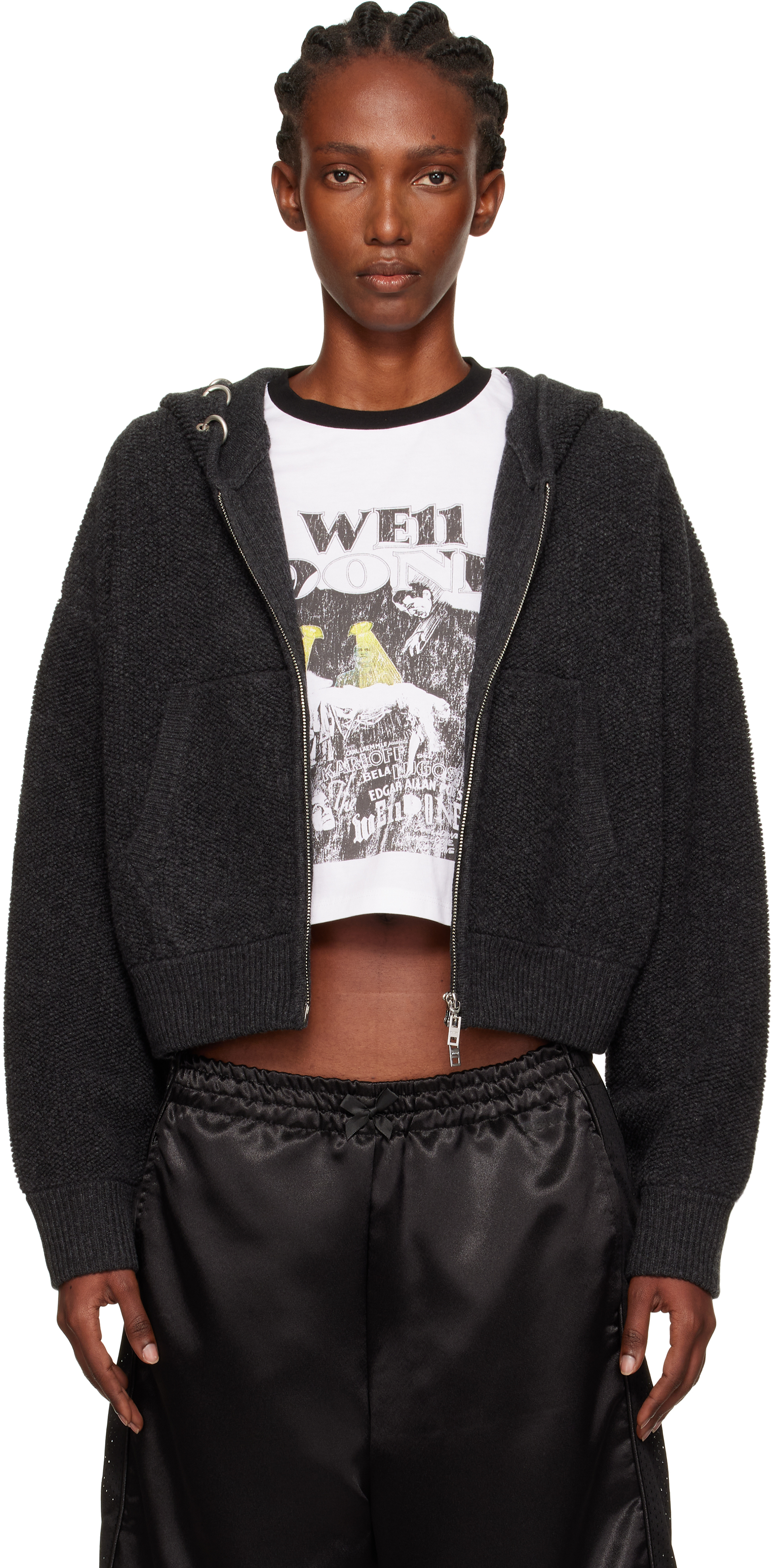 Gray Pierced Cashmere Knit Zip-Up Hoodie