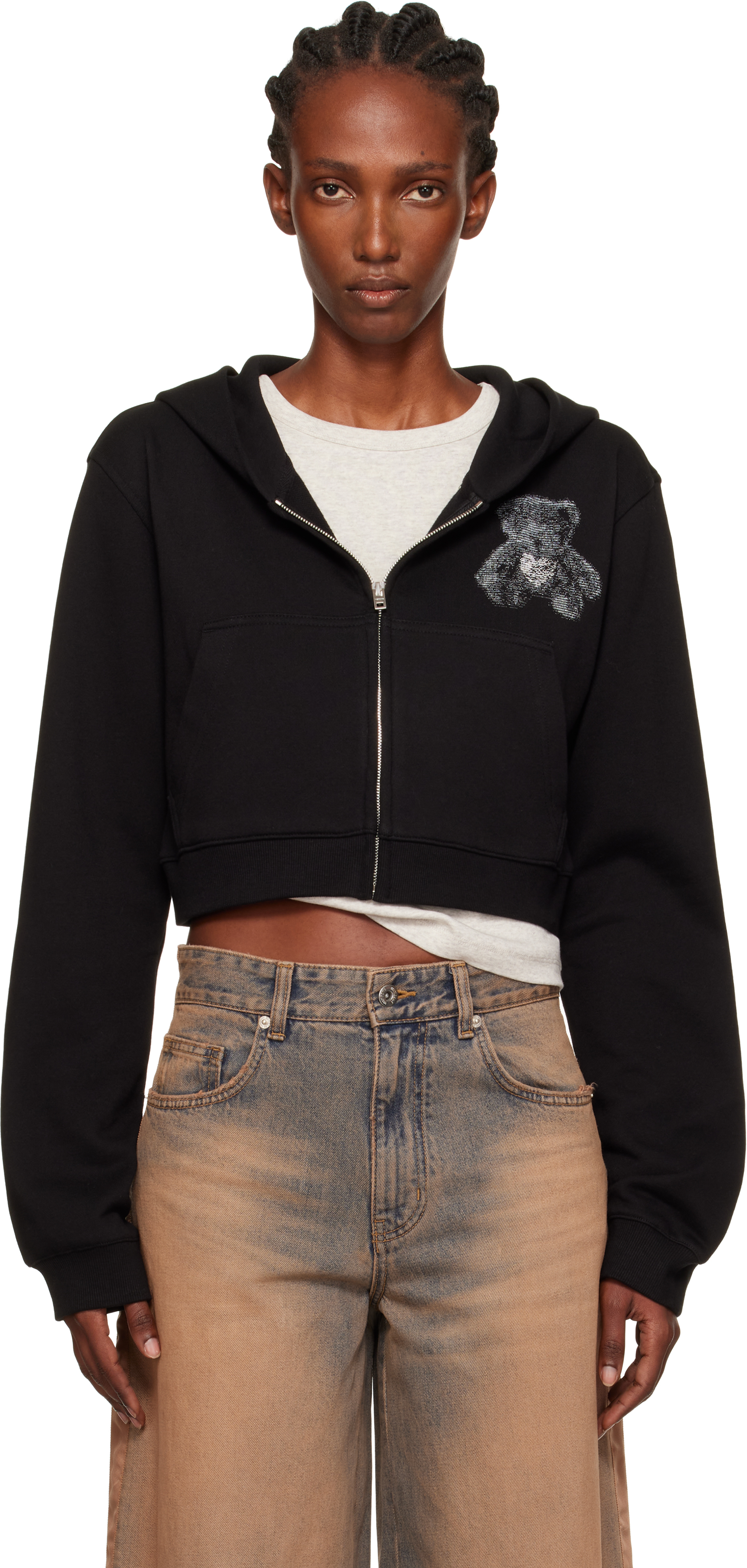 Black Teddy Bear Slim-Fit Zip-Up Hoodie