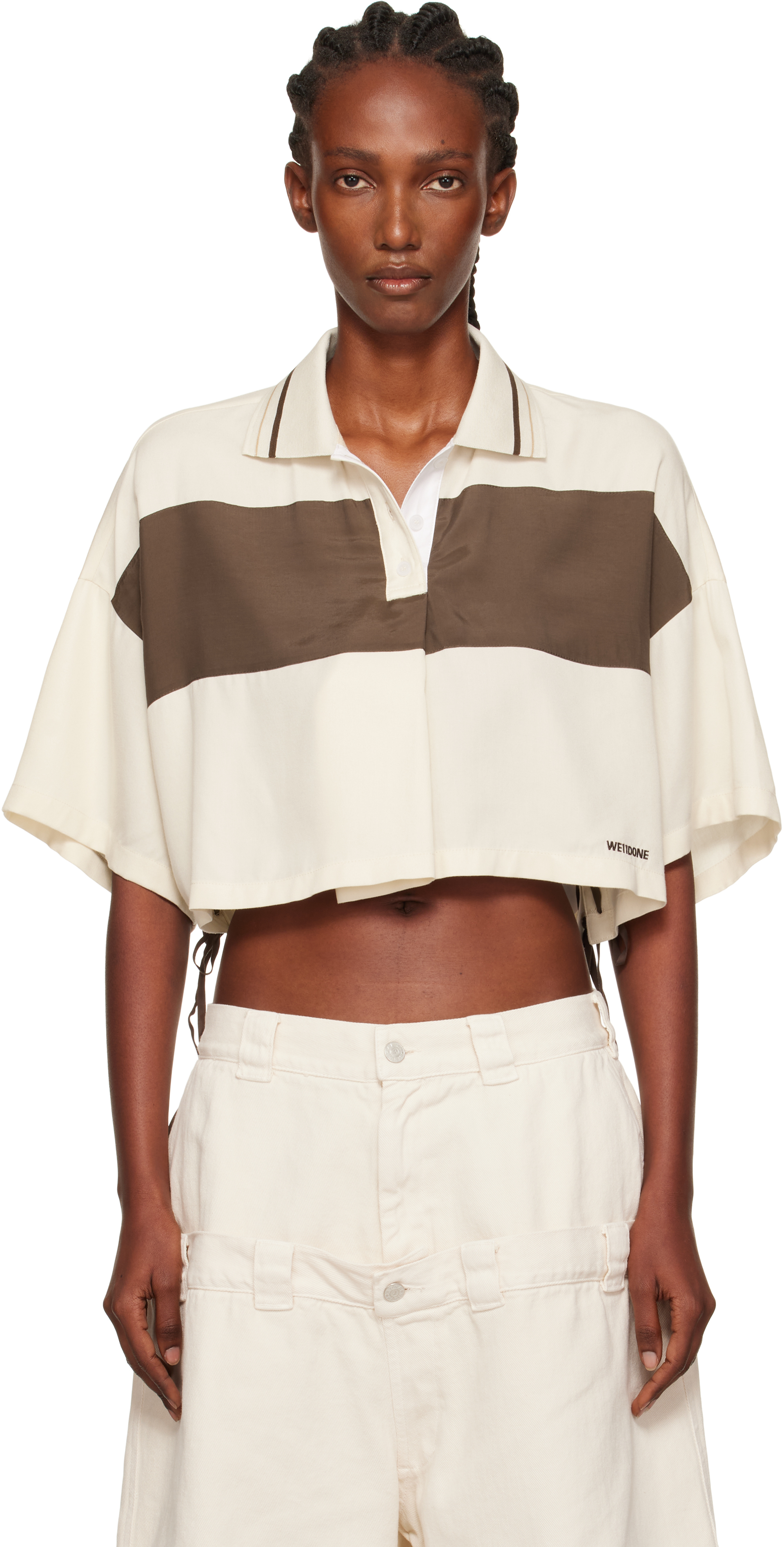 Off-White & Brown Cropped Side Ribbon Polo