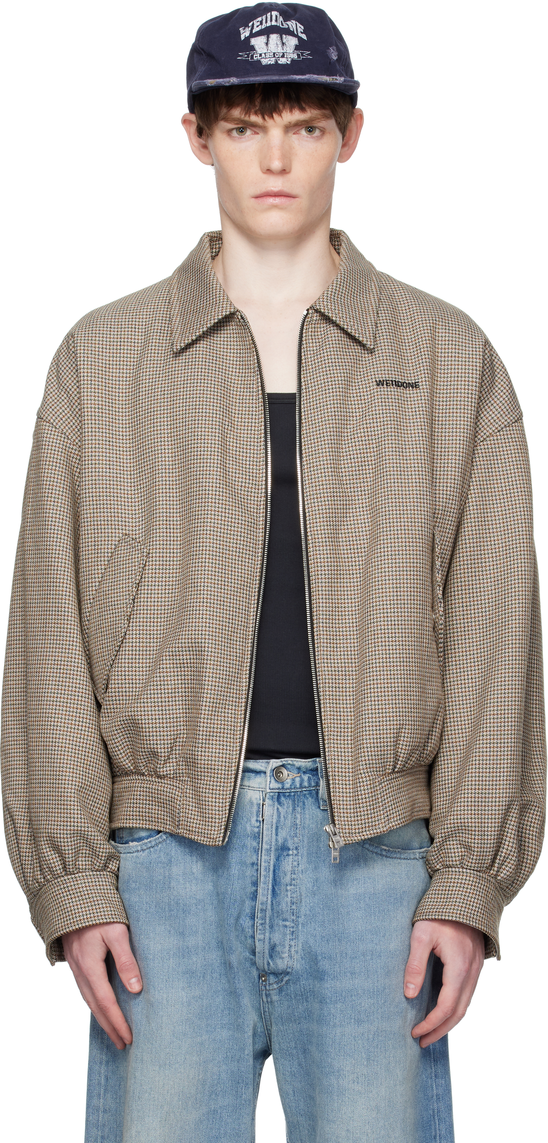 Beige Checkered Bomber Jacket by We11done on Sale