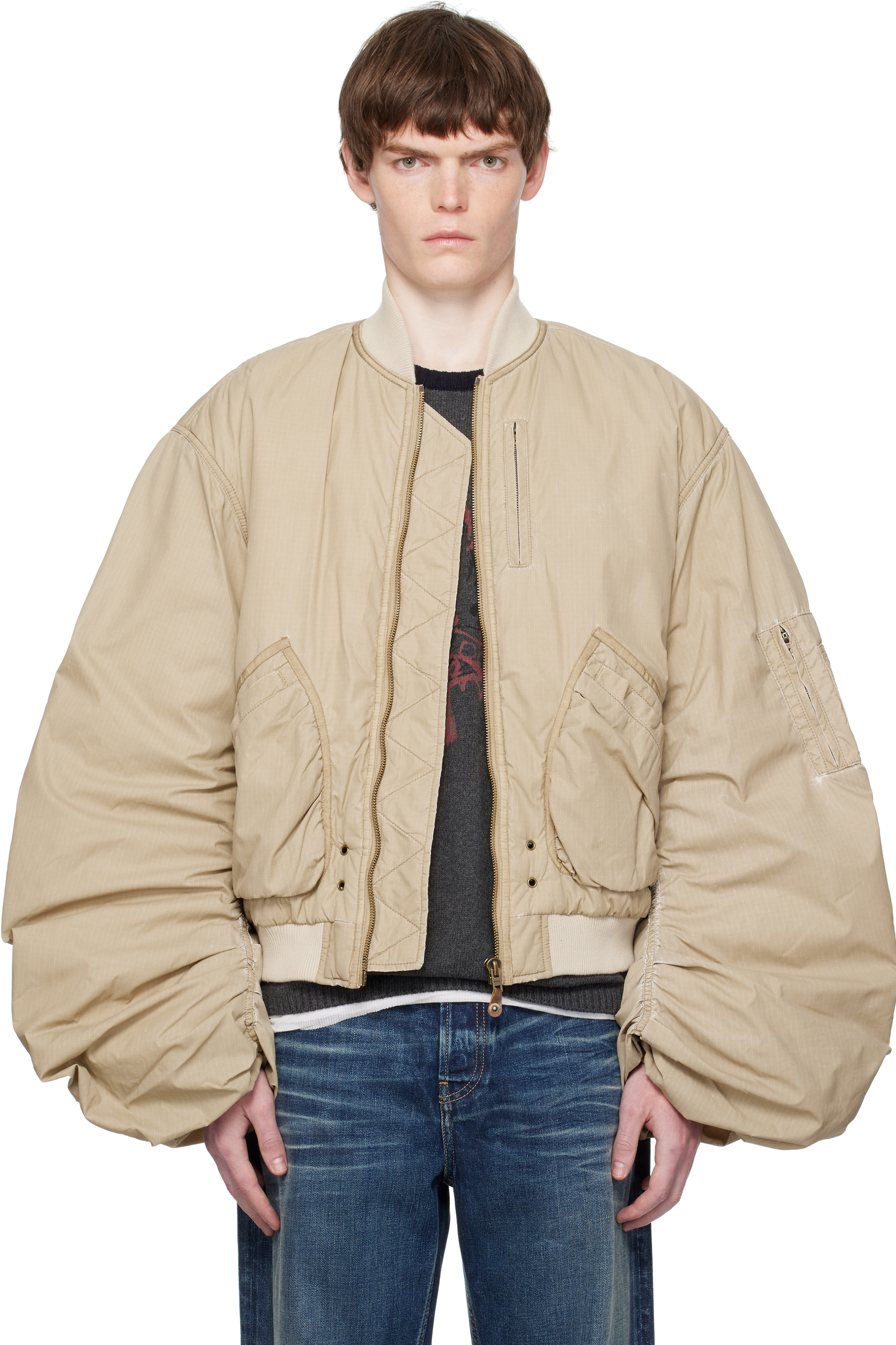 Beige Washed Nylon Bomber Jacket