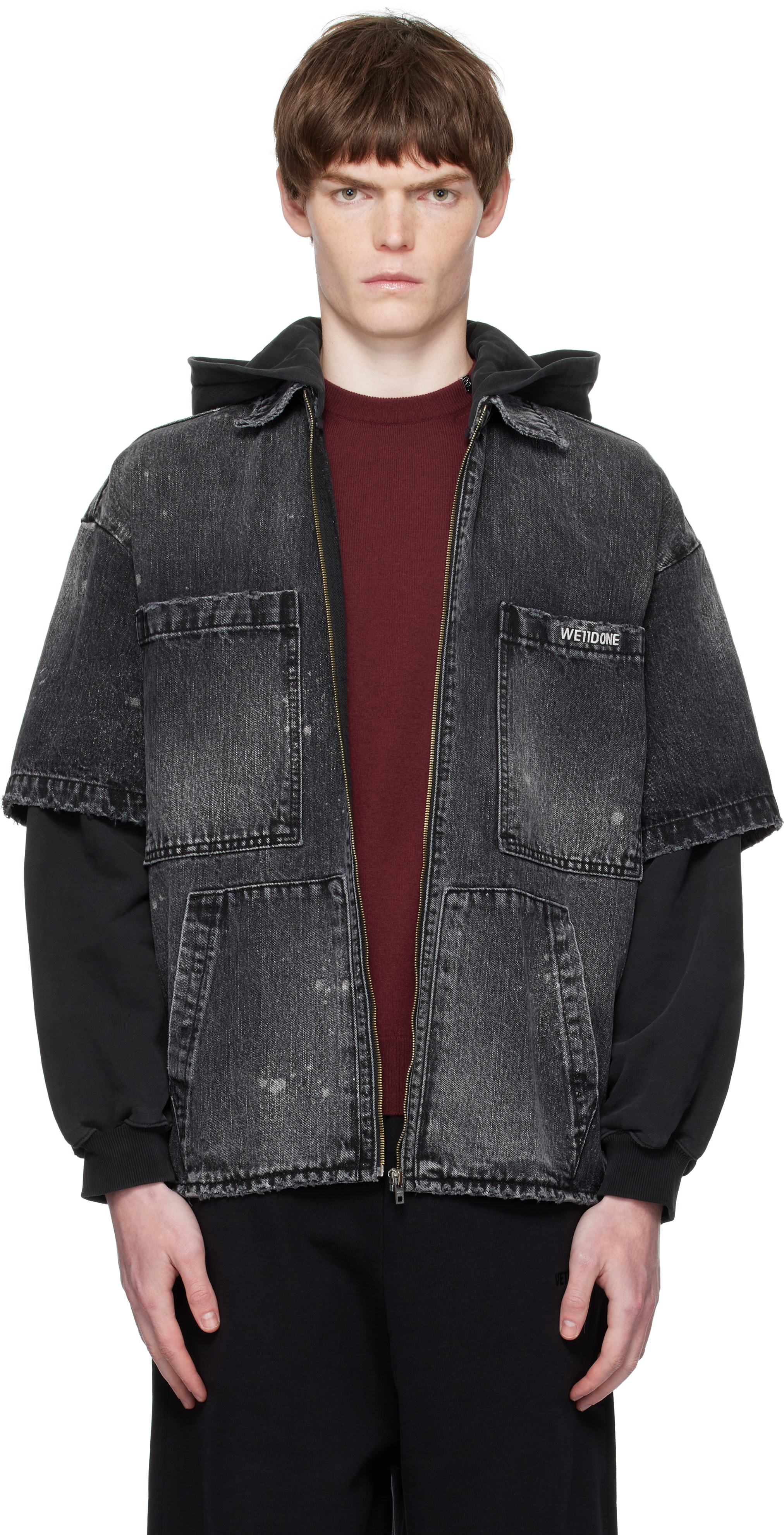 Black Faded Layered Hoodie Denim Jacket