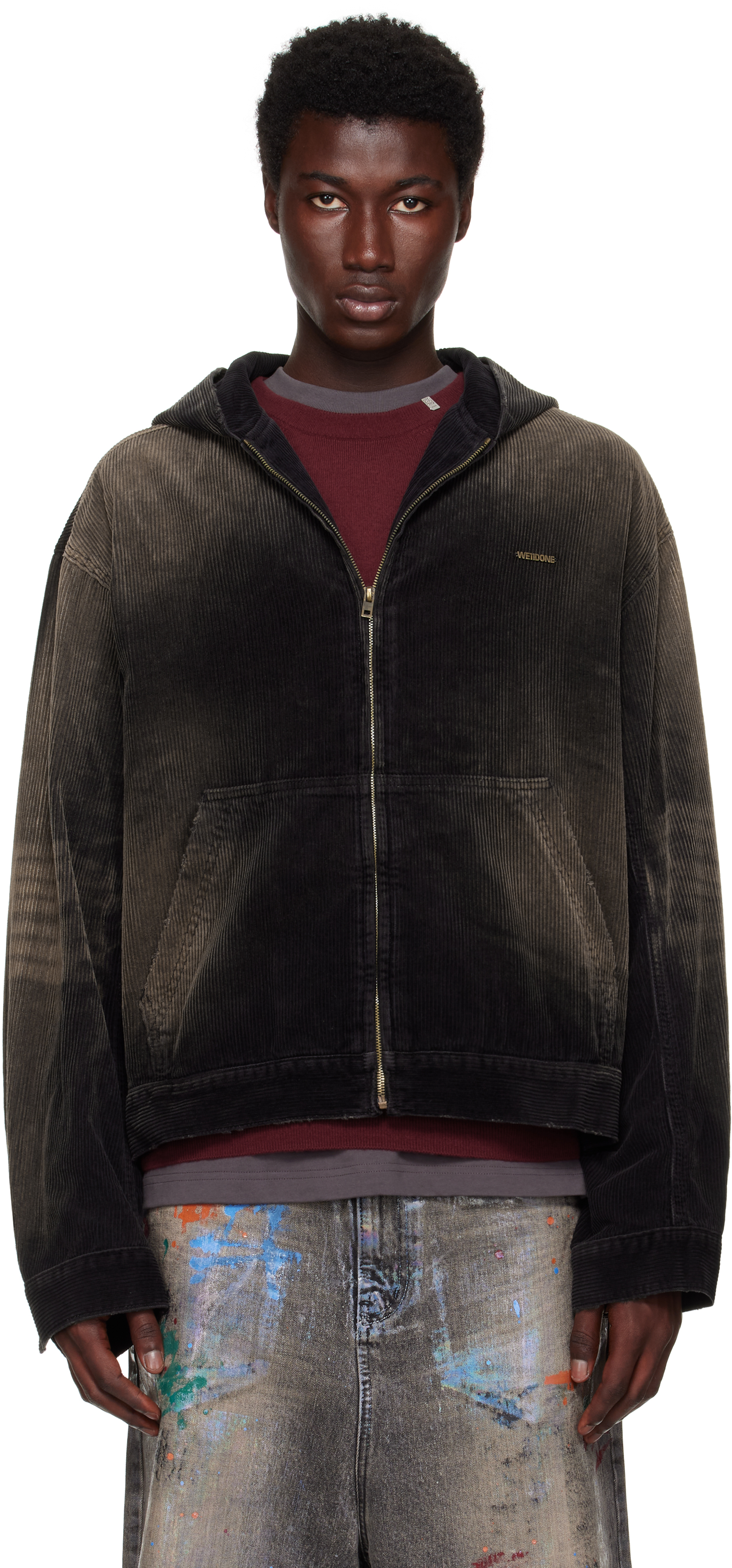 Black Vintage Wash Corduroy Hoodie Zip-Up Jacket
