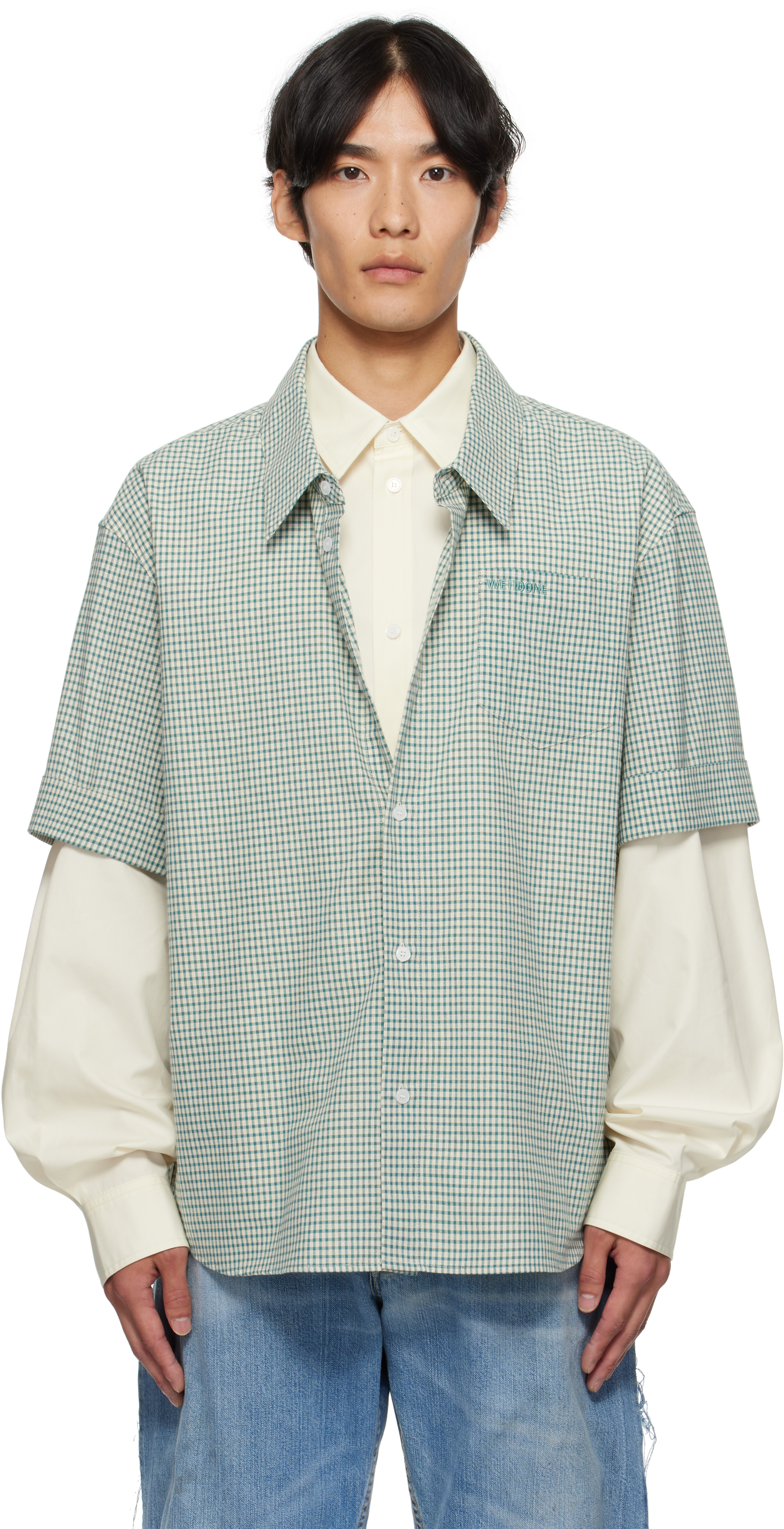 Green & Beige Detachable Sleeves Shirt