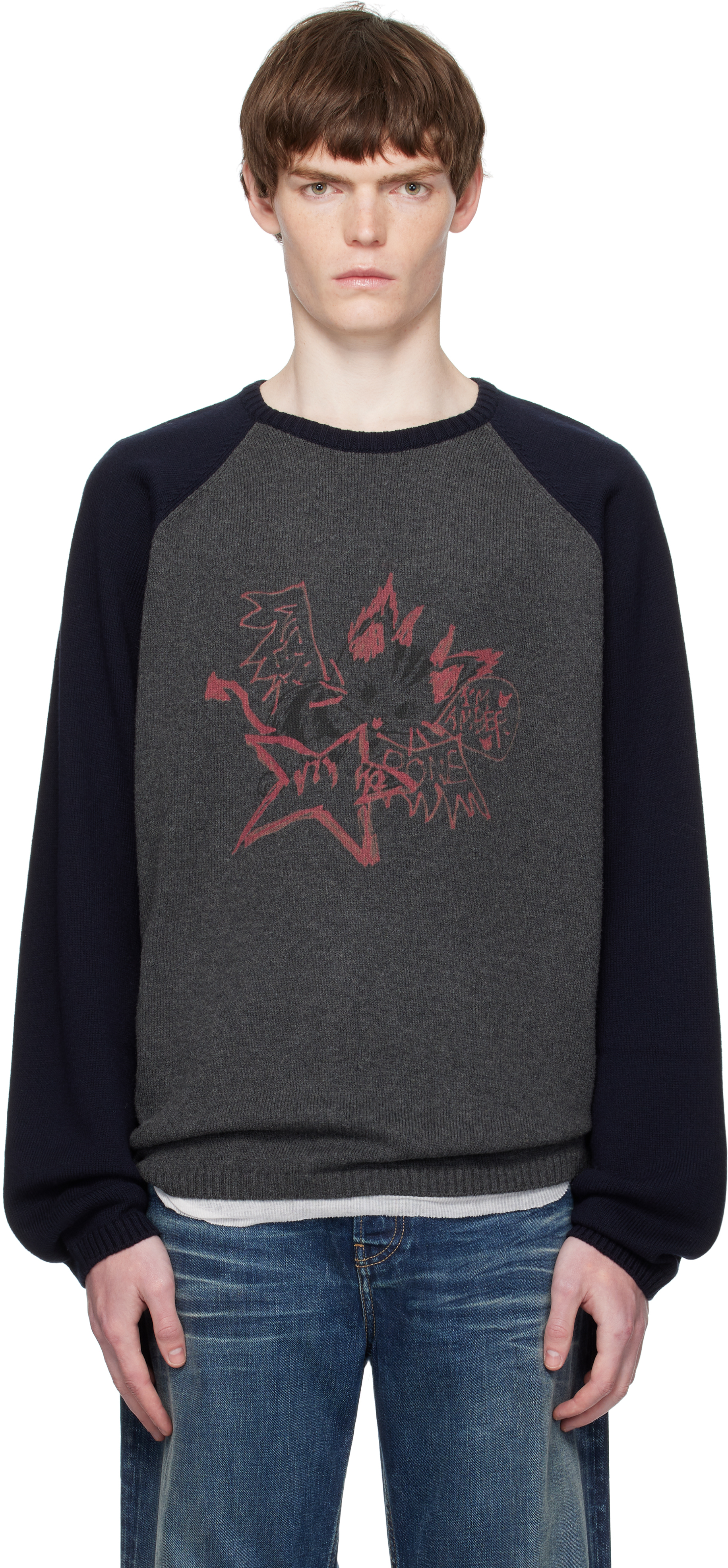 Gray & Navy Printed Raglan Knit Pullover Sweater
