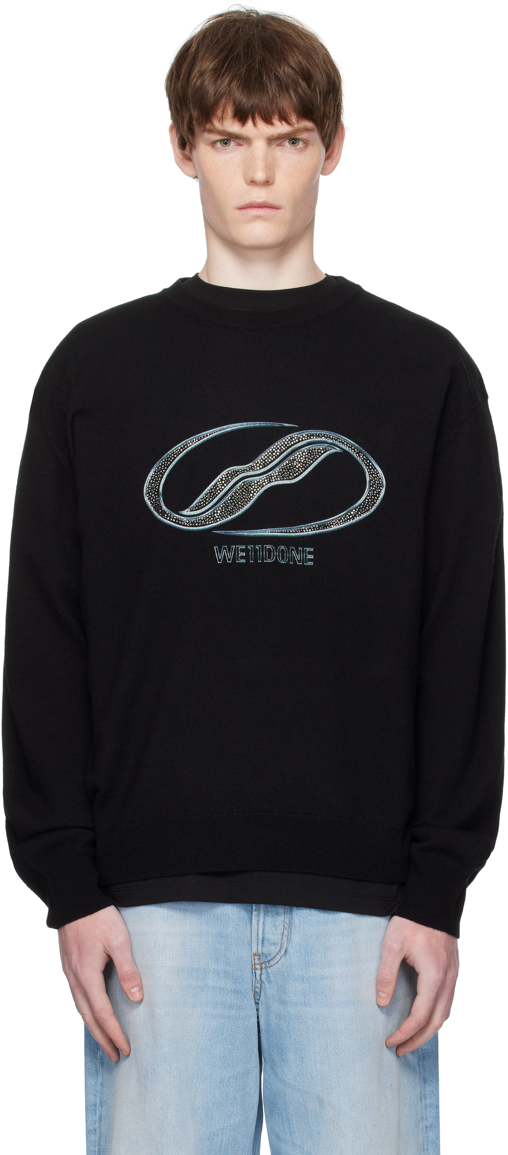 Black Logo Rhinestone Knit Pullover Sweater