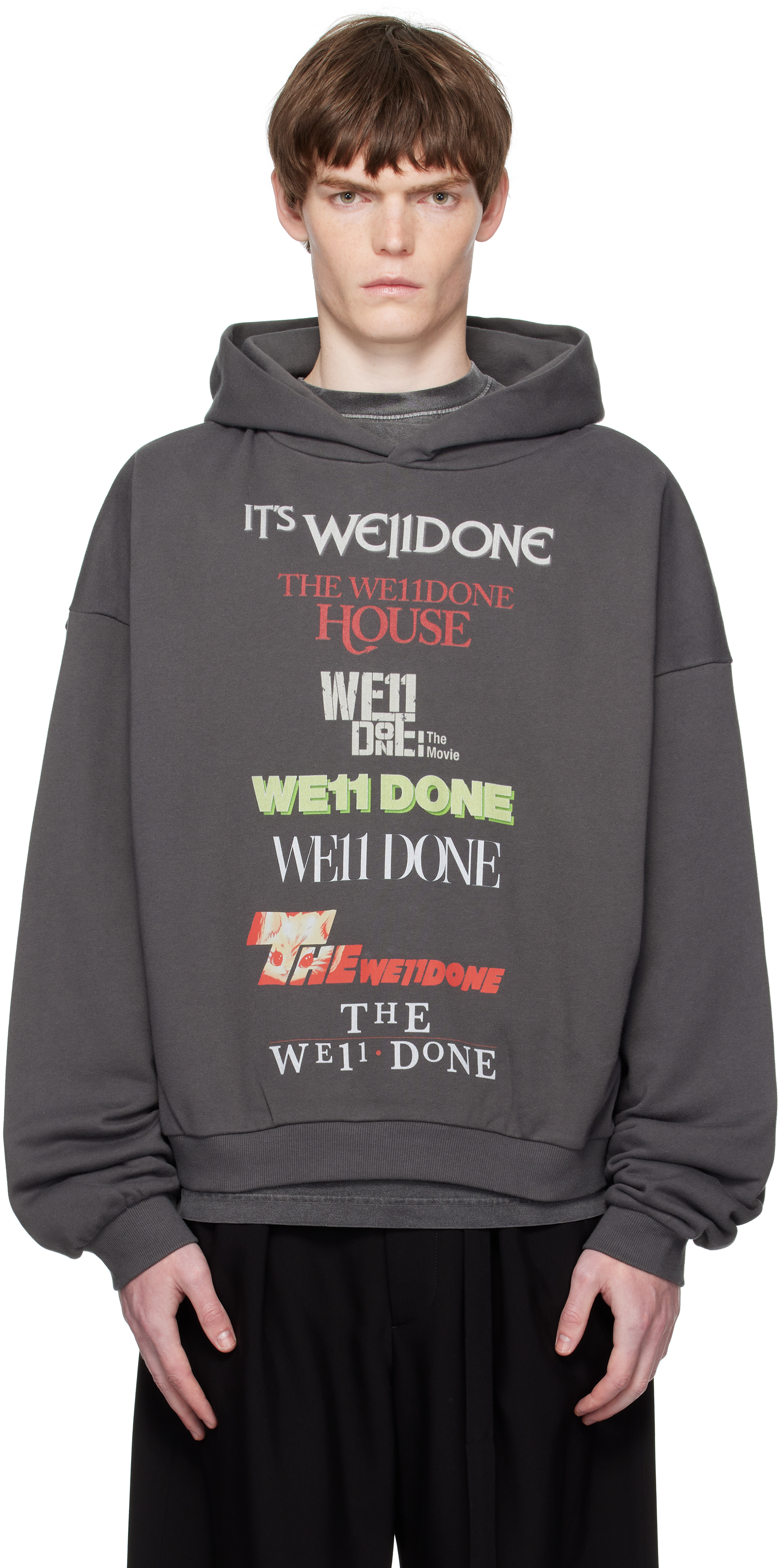 Gray Multi Logo Print Hoodie