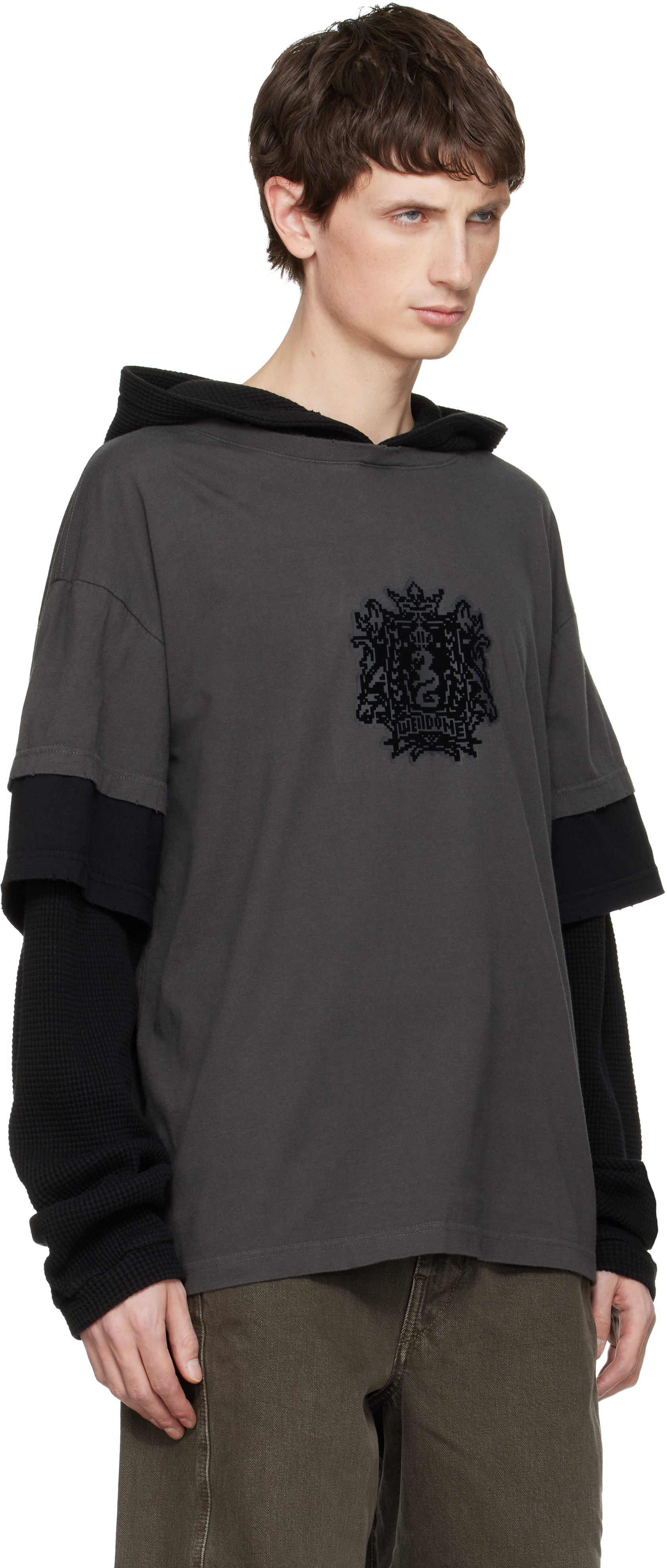 We11 Done Black & Gray Layered-over Hoodie In Multi