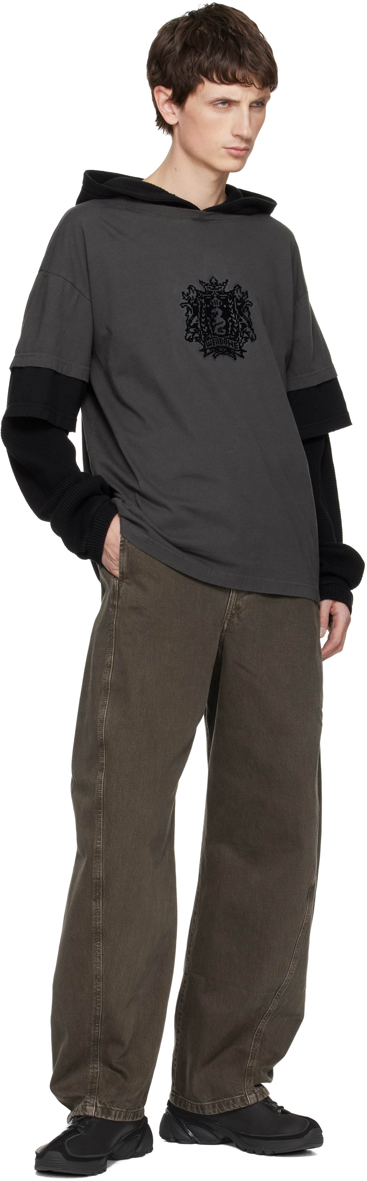 We11 Done Black & Gray Layered-over Hoodie In Multi