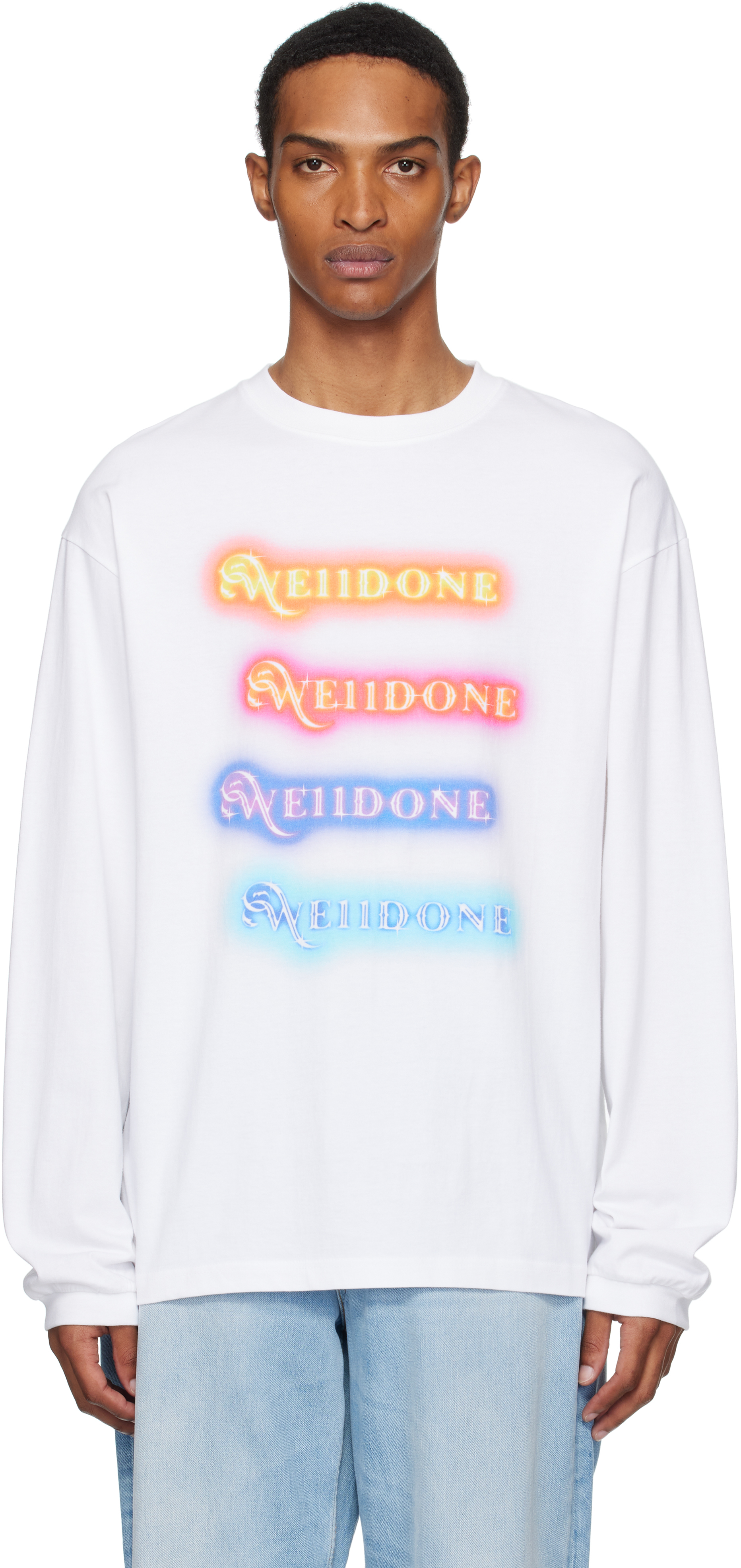 【関税込み】We11done ホワイト Neon ロゴ 長袖Tシャツ We11done: White Neon Logo Long-Sleeved T-shirt | SSENSE