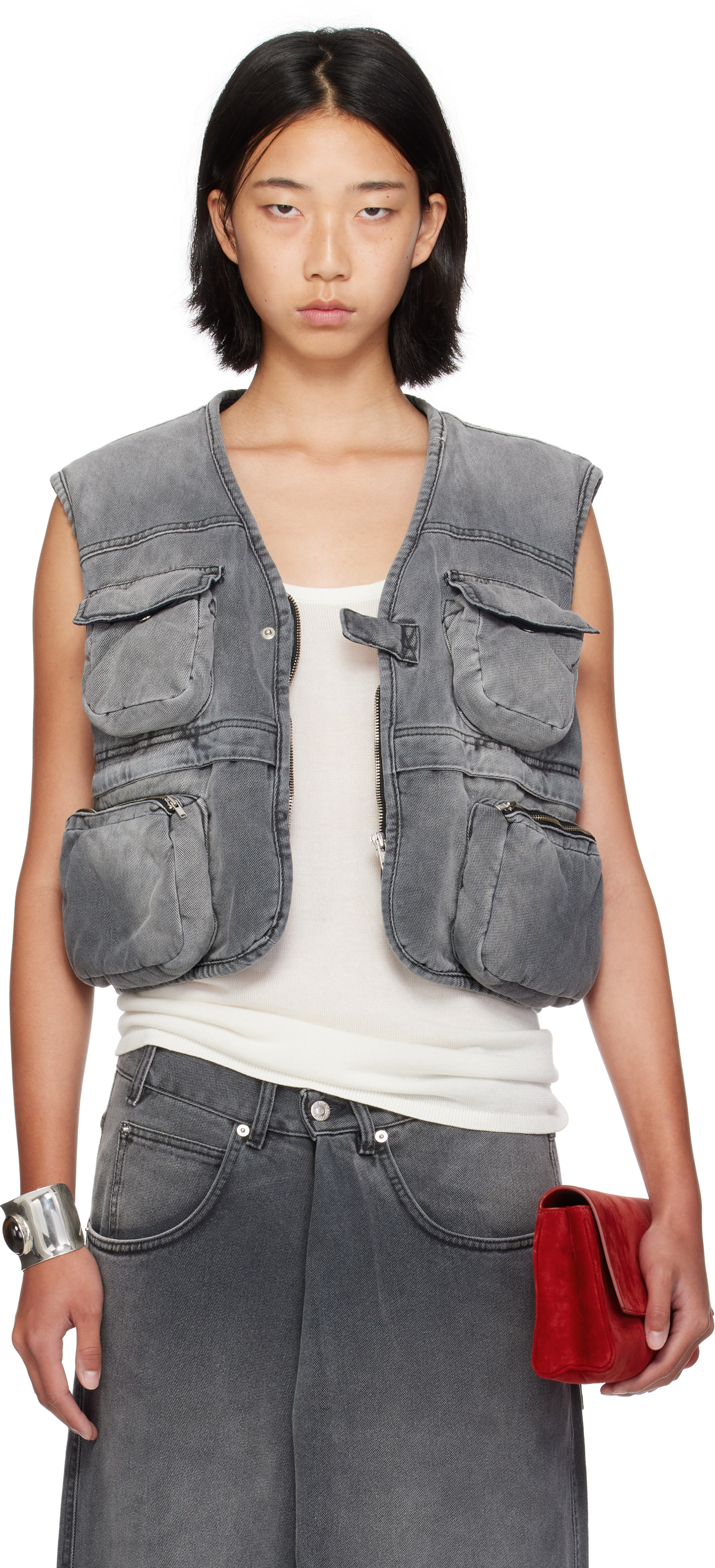 Lu'u Dan Gray Wadded Denim Cargo Vest
