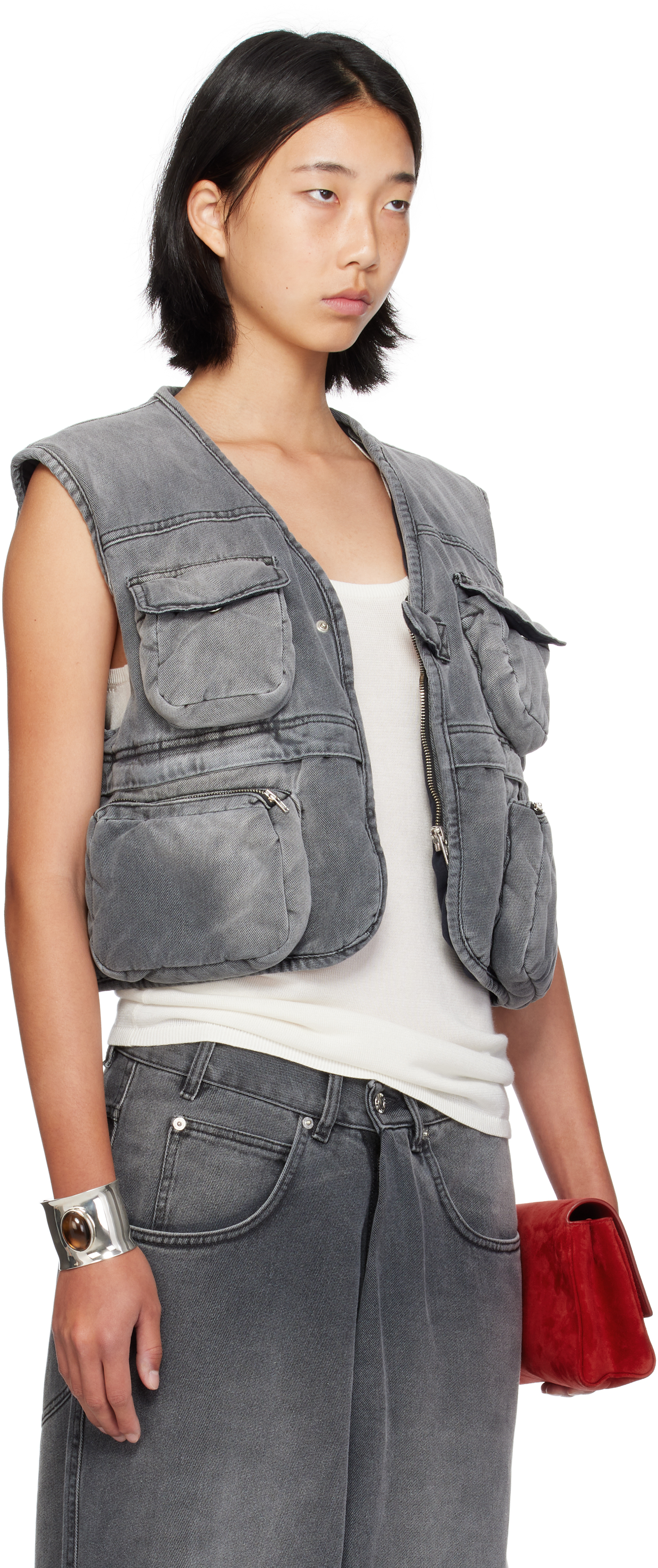 Lu'u Dan Gray Wadded Denim Cargo Vest