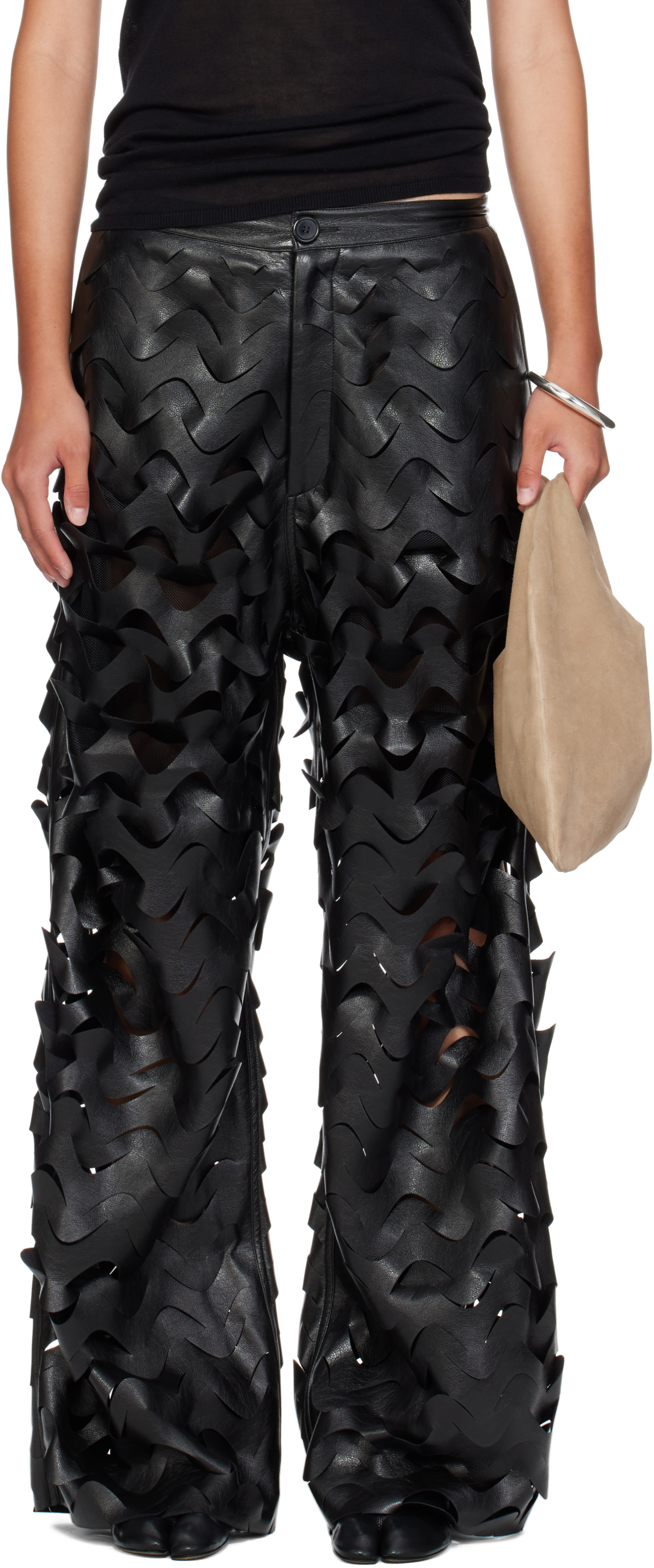 Lu'u Dan Black Laser Cut Wide-leg Faux-leather Pants