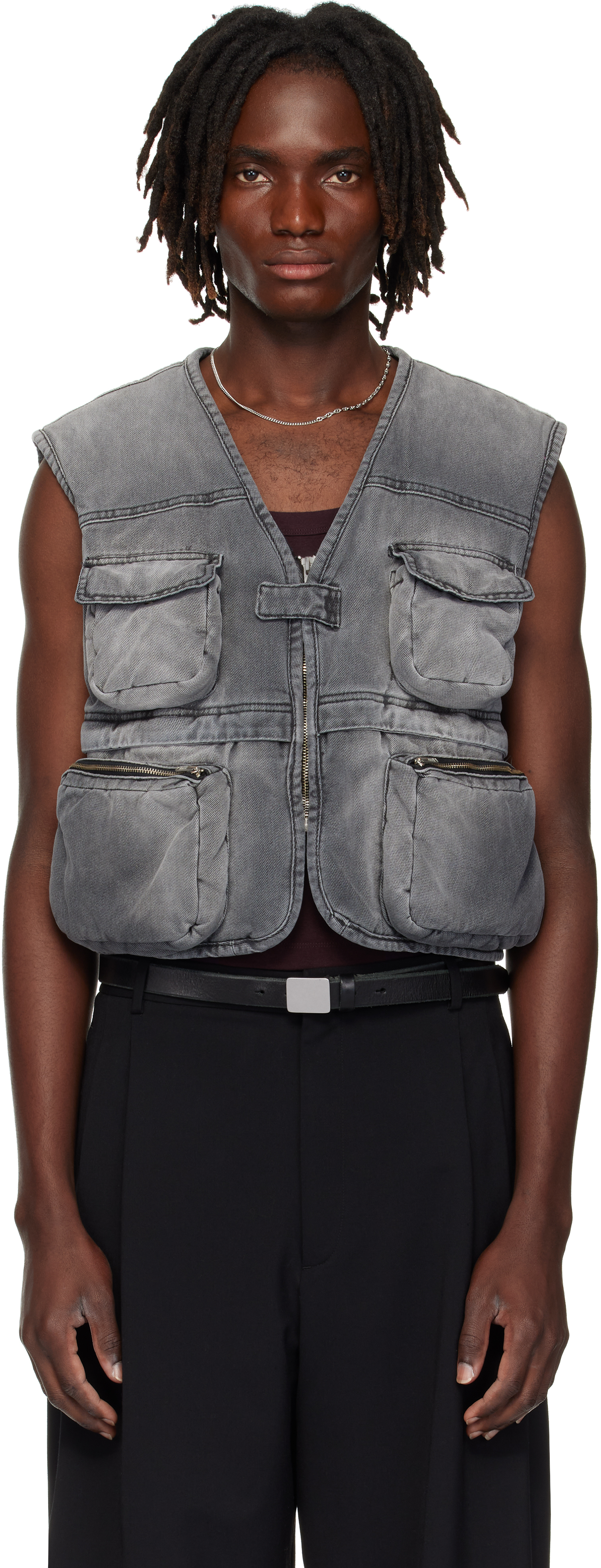 Gray Wadded Denim Cargo Vest