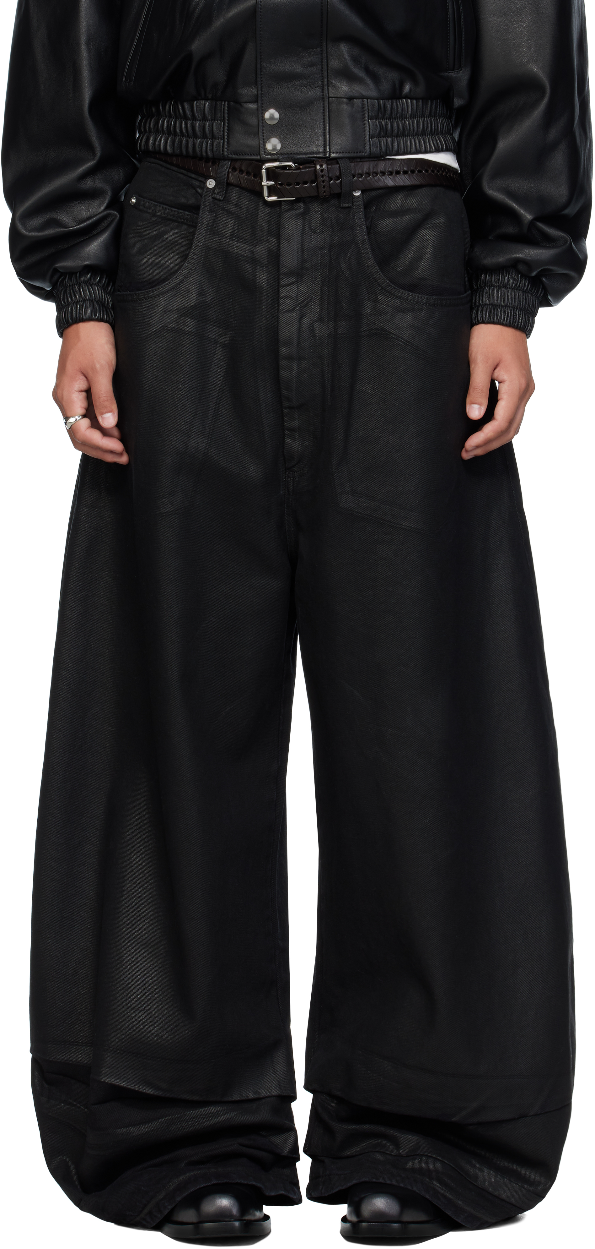 LU'U DAN ブラック ワイドレッグデニム LU'U DAN: ブラック Coated Double XL ジーンズ | SSENSE 日本