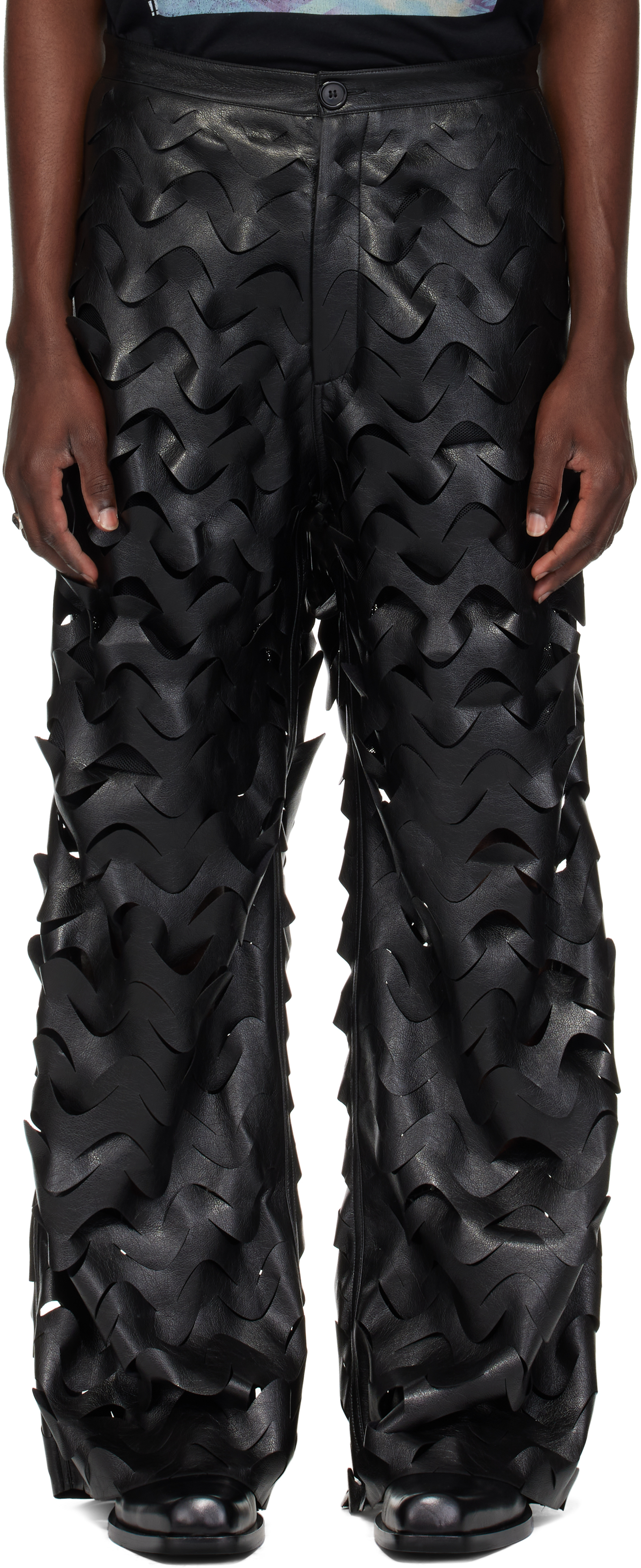 Black Laser Cut Wide-Leg Faux-Leather Pants