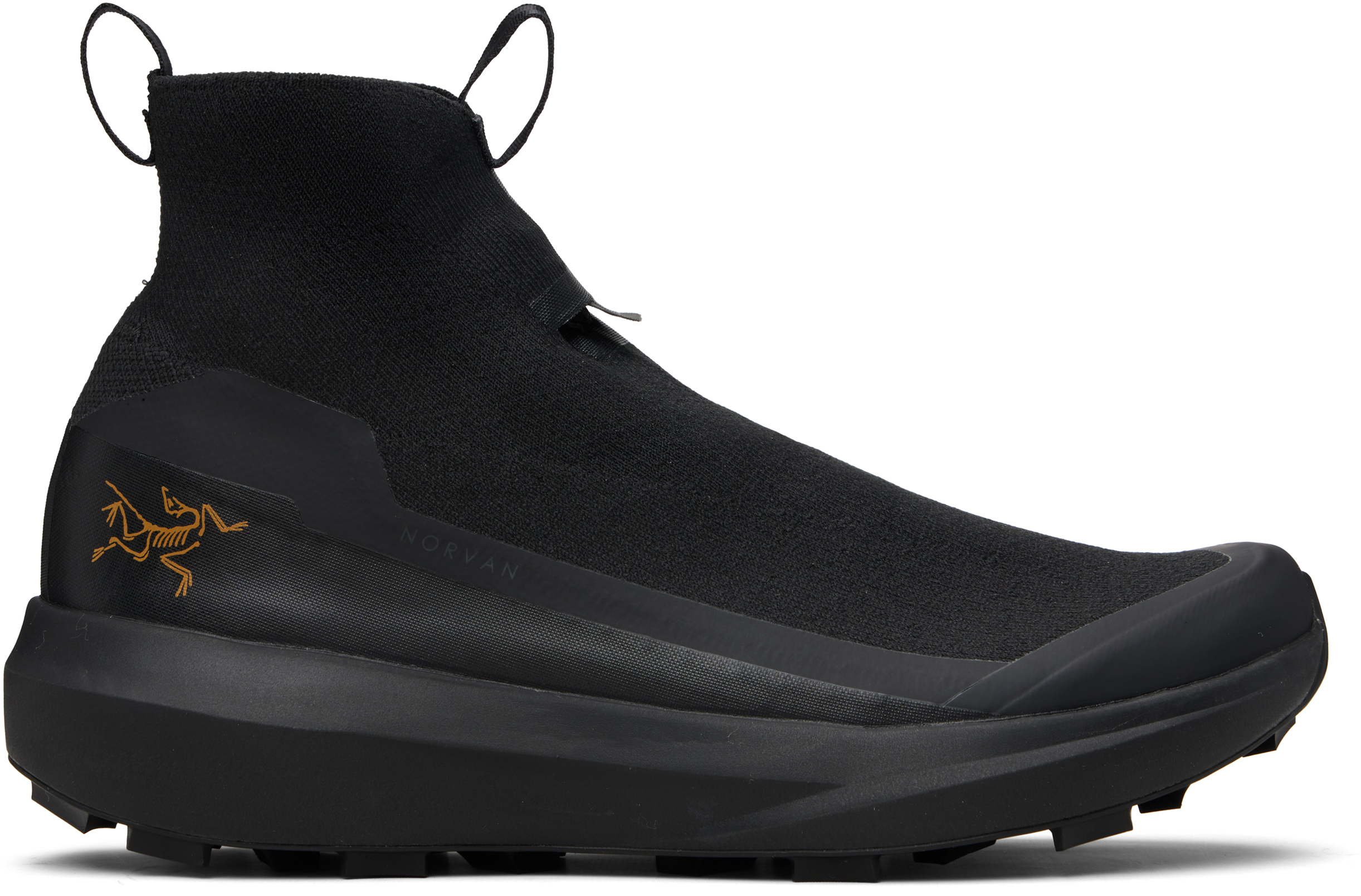 Arc'teryx Norvan 4 Nivalis GTX in black, three-quarter profile view showing Gore-Tex upper and aggressive trail outsole