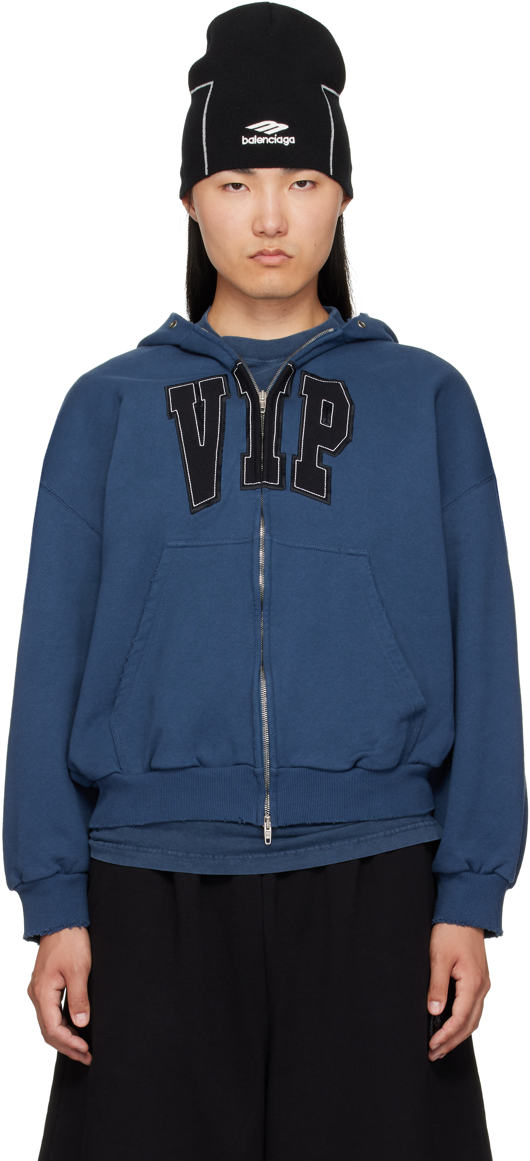 Balenciaga: Blue 'VIP' Zip-Up Hoodie | SSENSE Canada