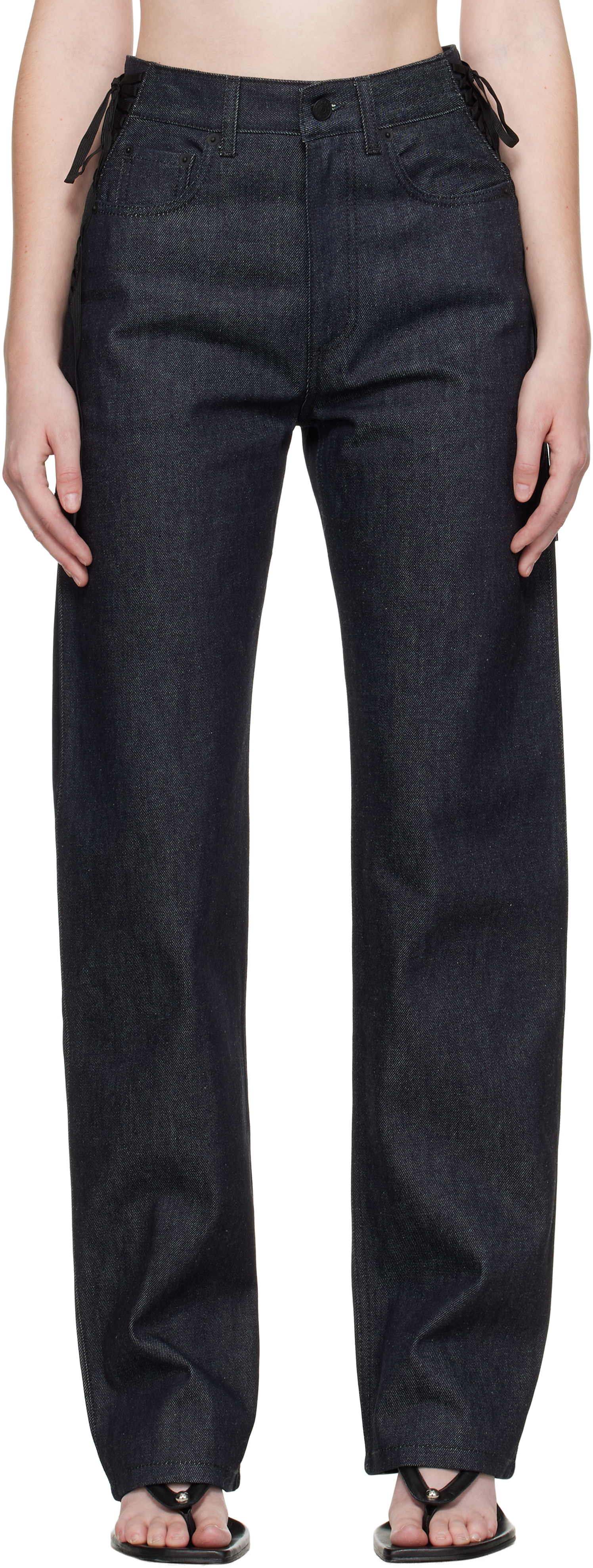 Mugler Indigo Laced-up Straight Jeans In Black