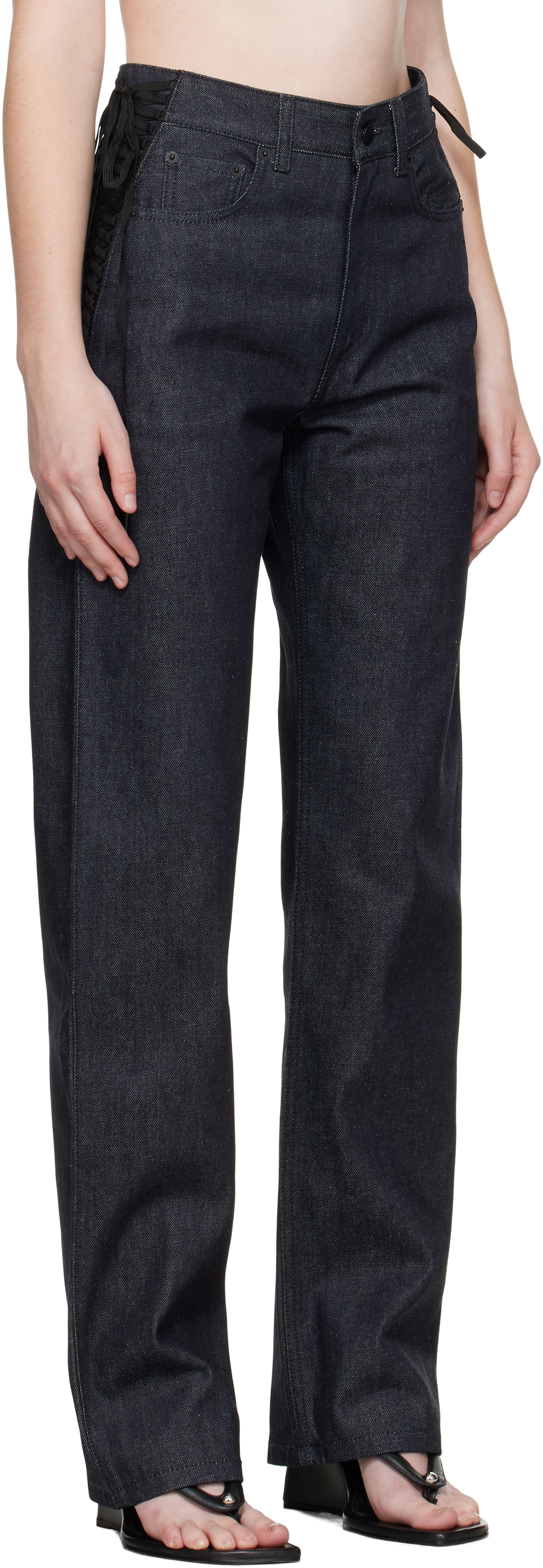Mugler Indigo Laced-up Straight Jeans In Black