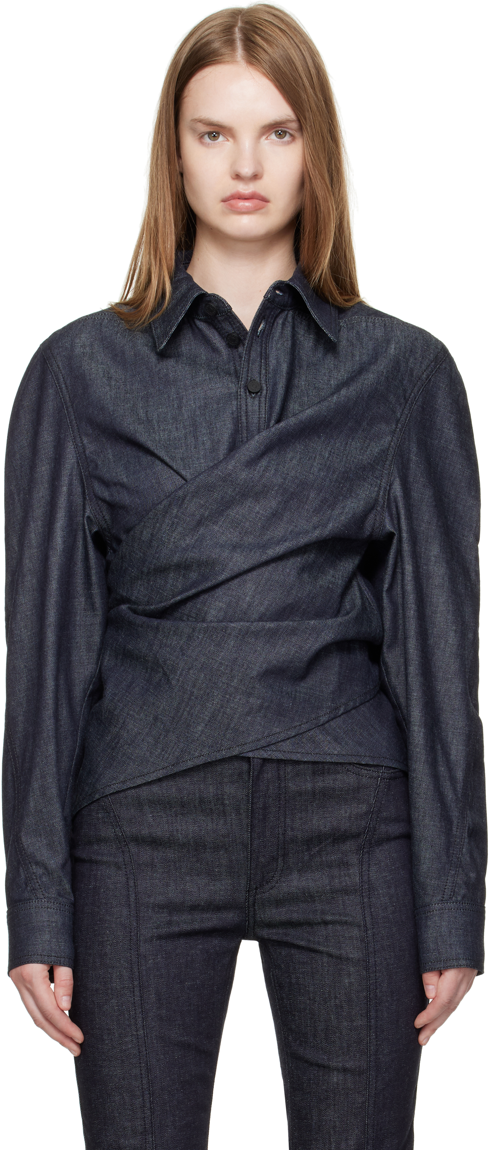 Mugler Indigo Wrapped Chambray Shirt In Gray
