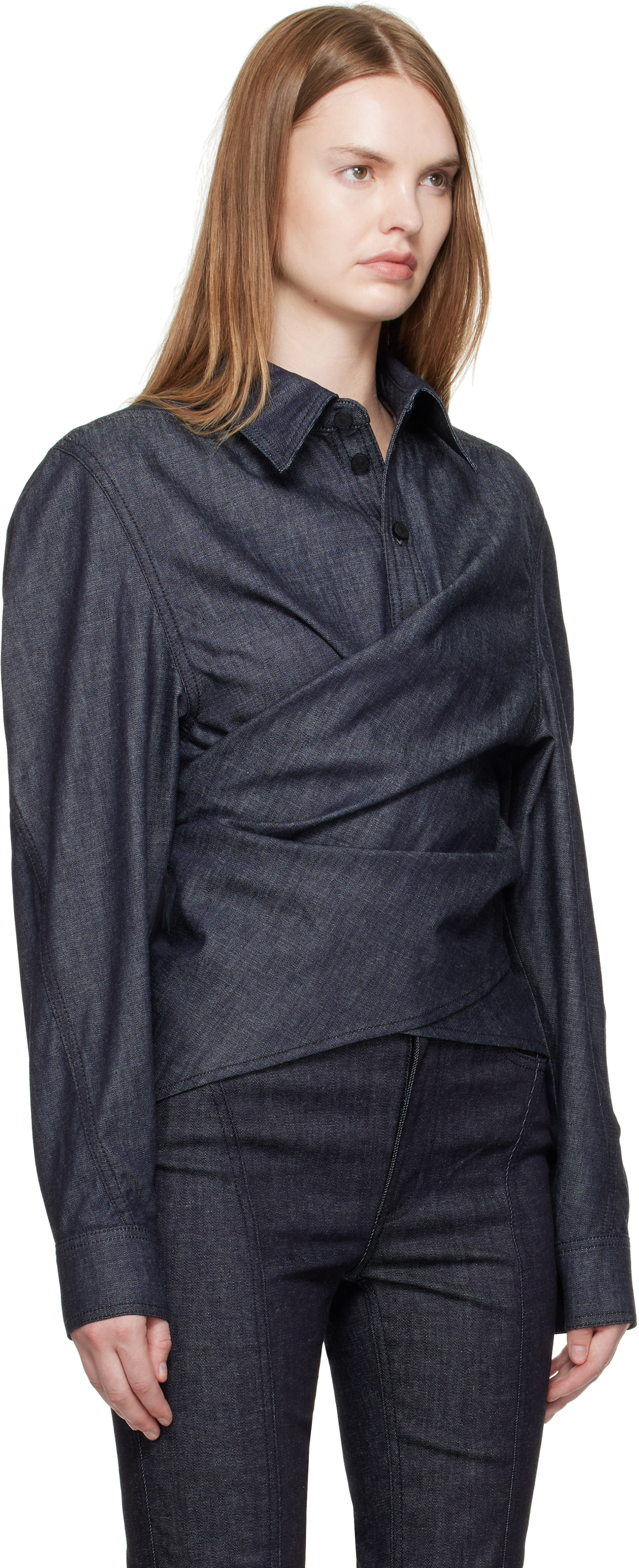 Mugler Indigo Wrapped Chambray Shirt In Gray