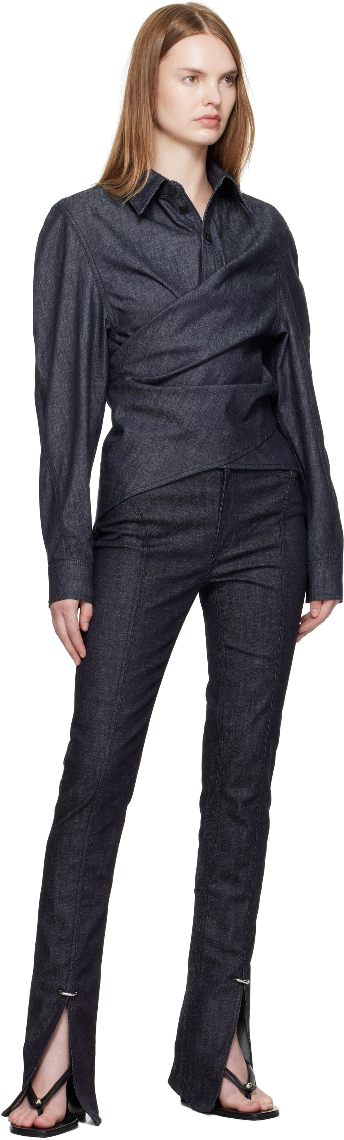 Mugler Indigo Wrapped Chambray Shirt In Gray
