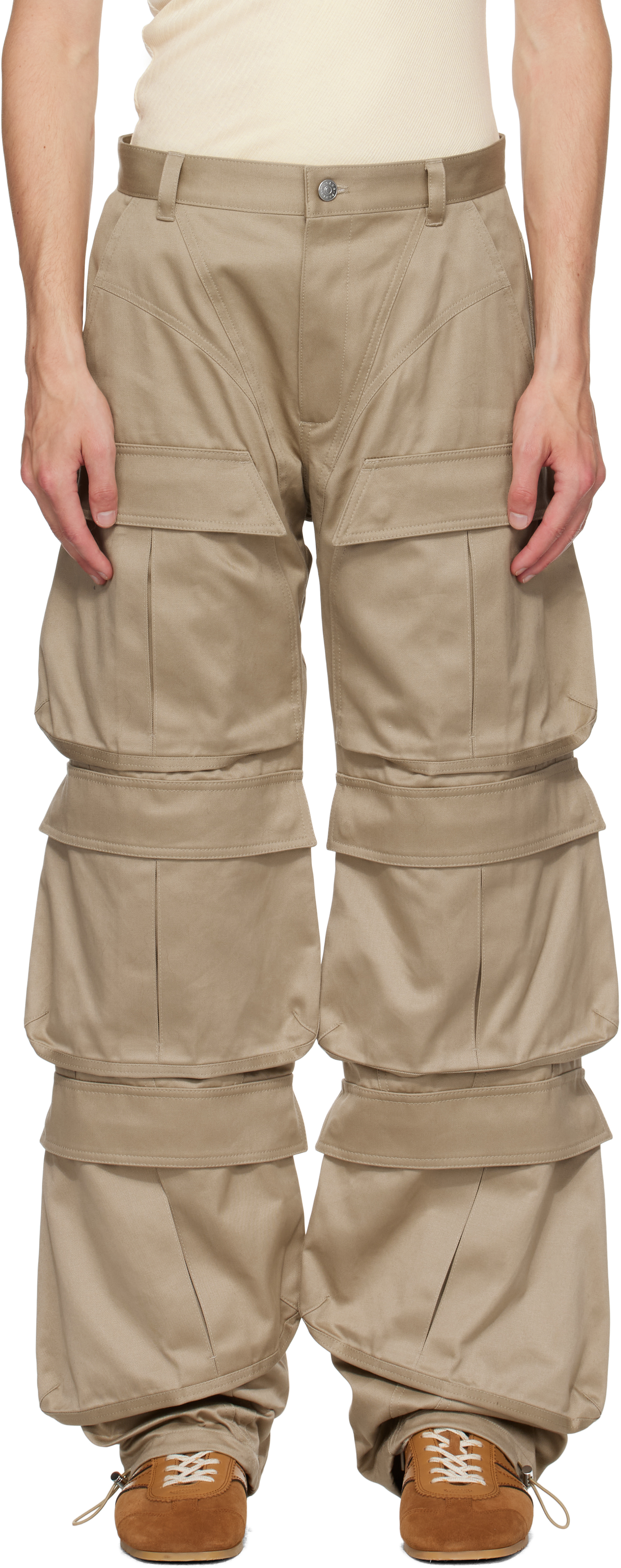 Mugler Beige Cinch Strap Cargo Pants In Green