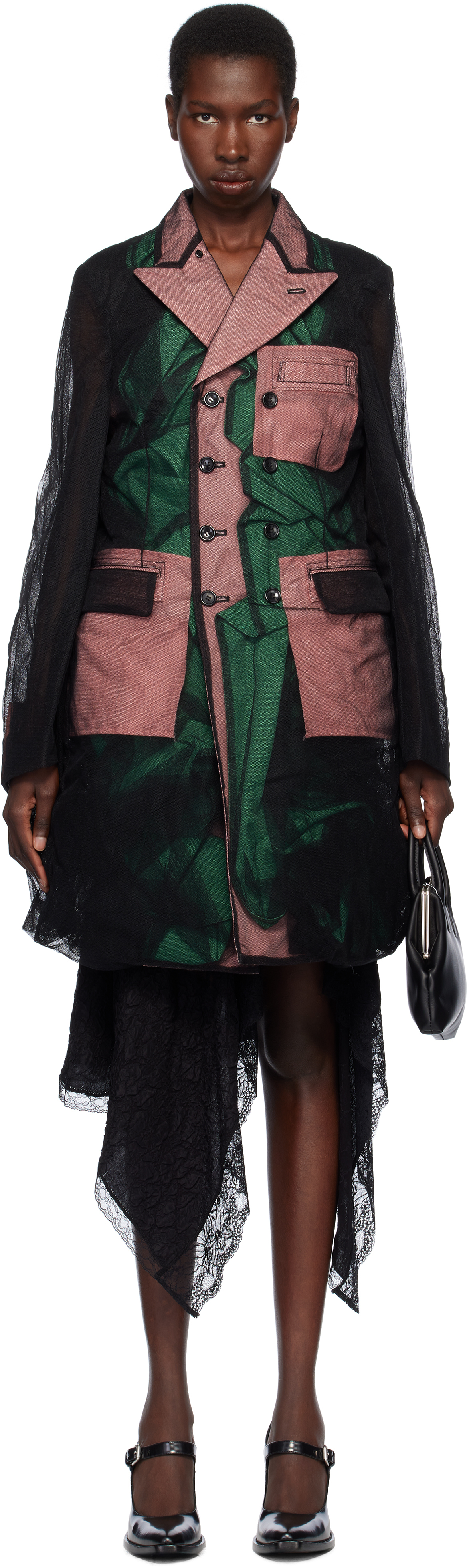 Black & Green Nylon Tulle & Polyester Gabardine Coat