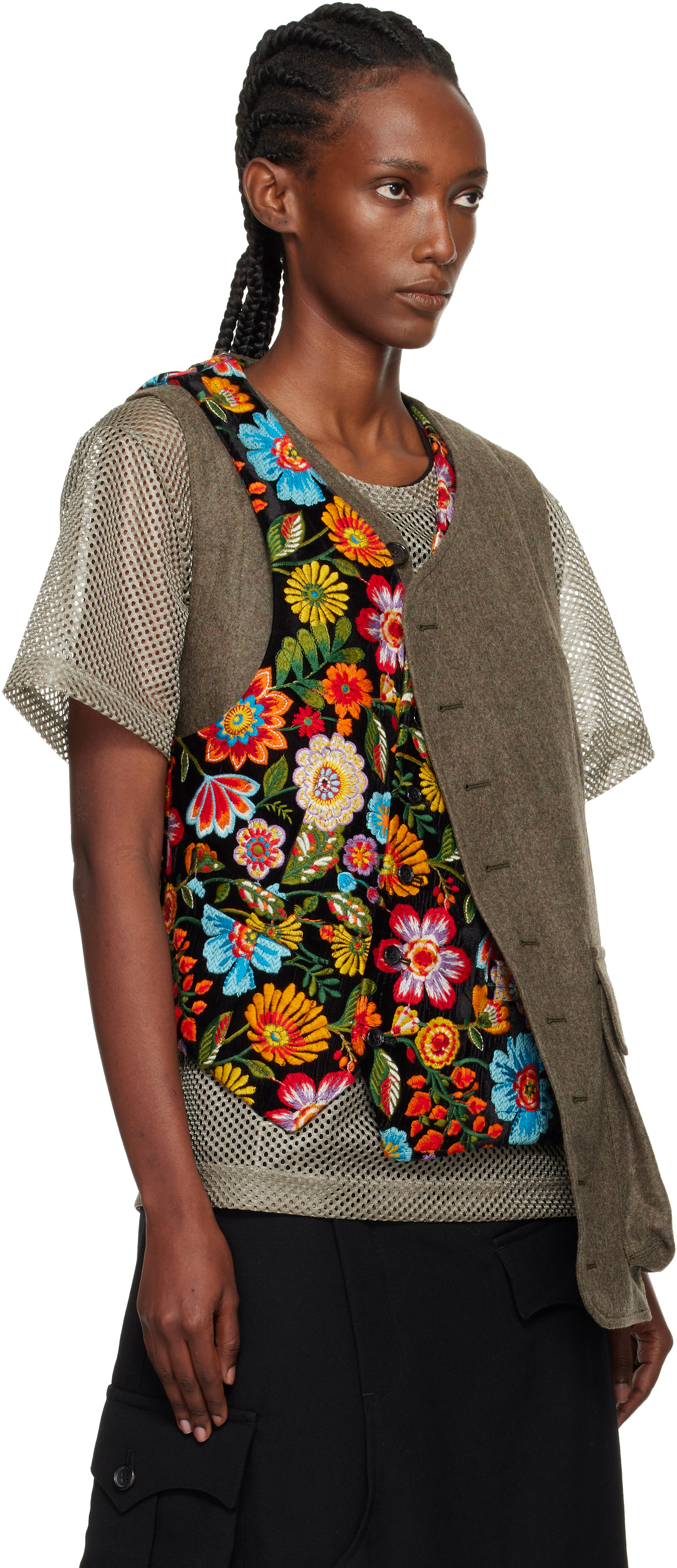 Comme Des Garçons Homme Deux Khaki & Black Velvet Floral Pattern Embroidery Vest In Brown