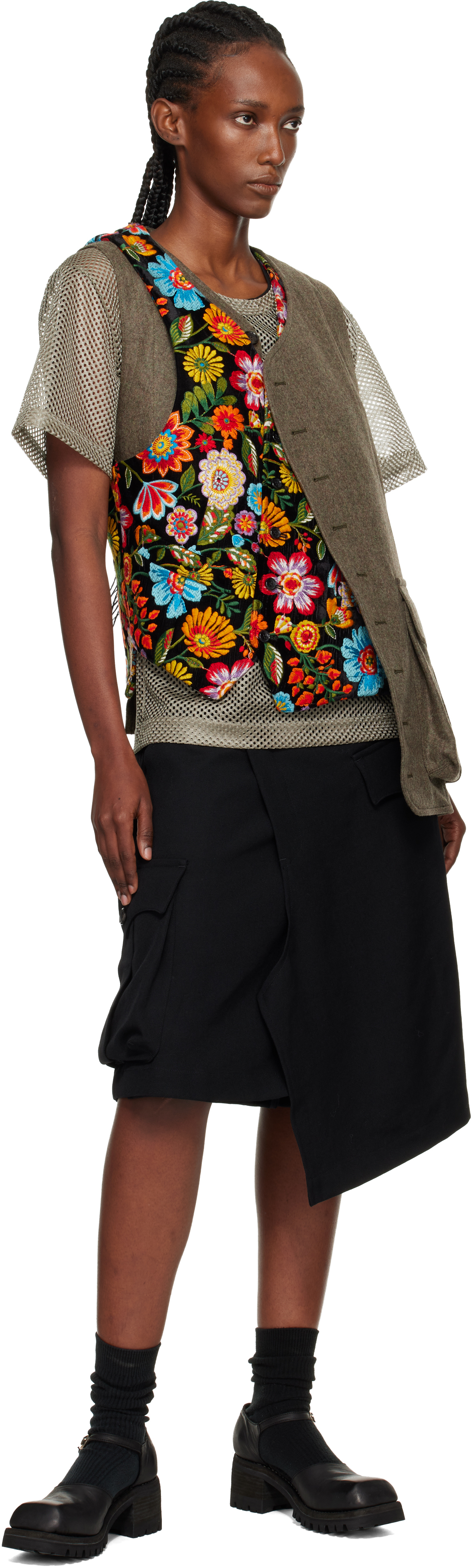 Comme Des Garçons Homme Deux Khaki & Black Velvet Floral Pattern Embroidery Vest In Brown