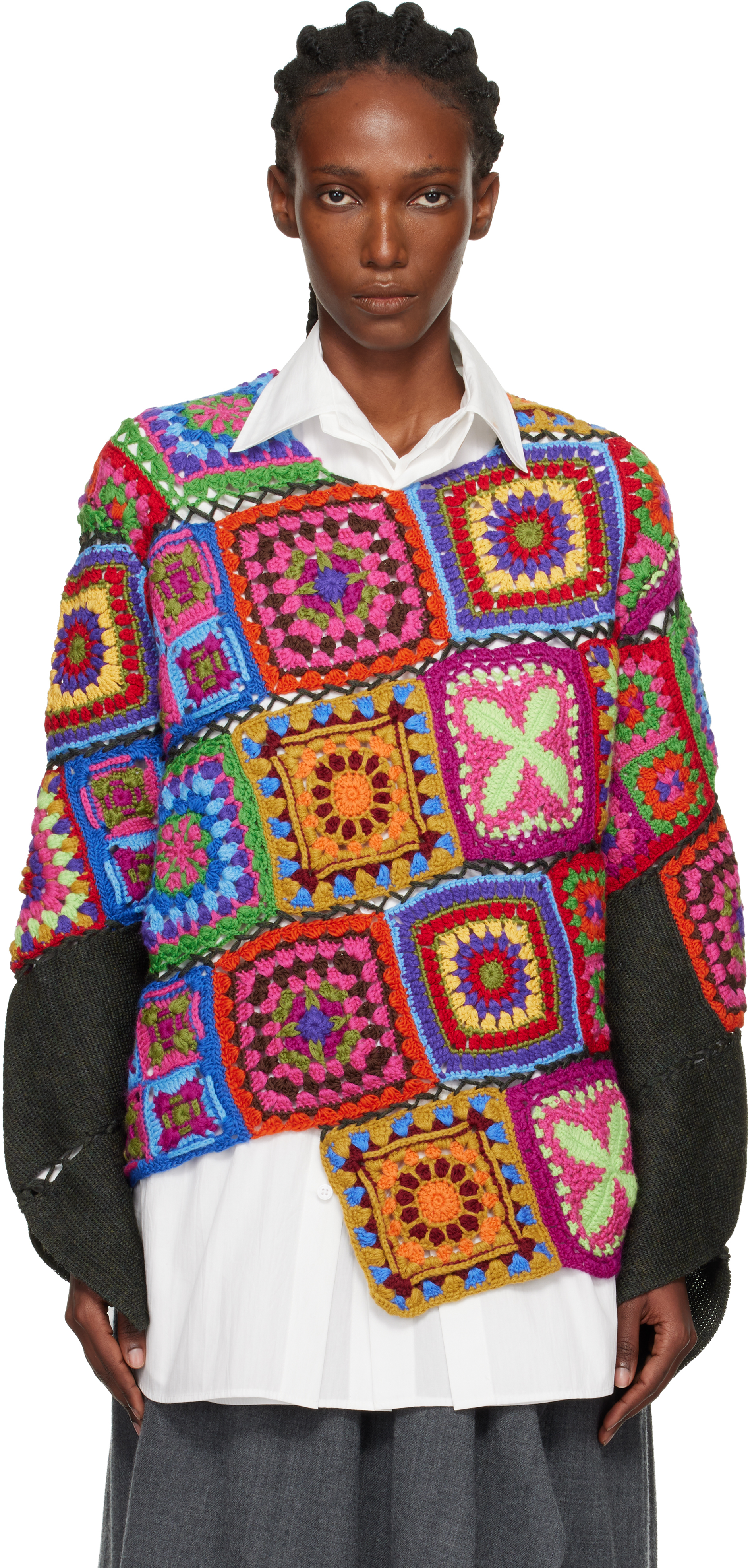 Comme Des Garçons Homme Deux Multicolor Multi Fabric Crochet Stitch Motif Knit Sweater In Pink
