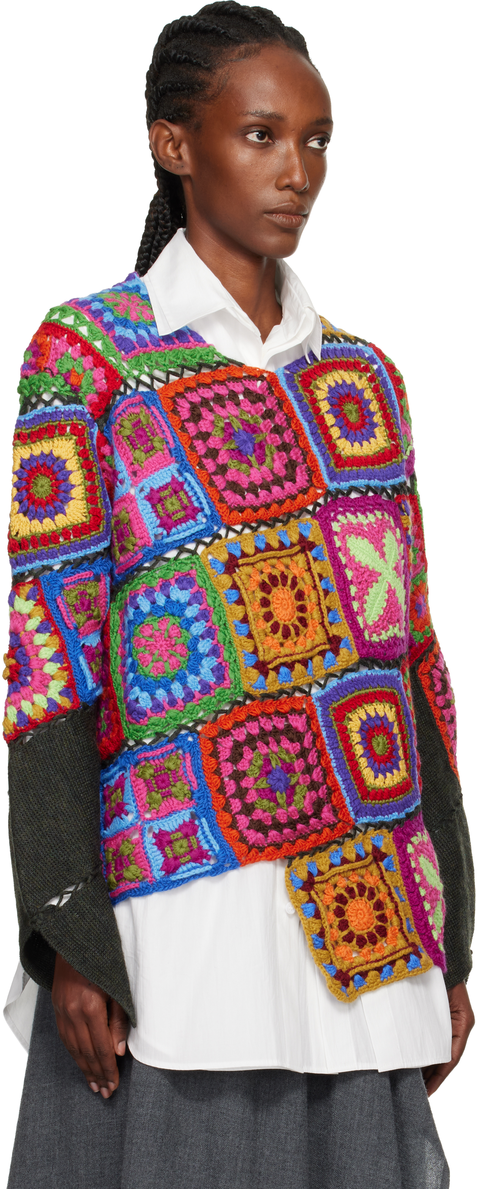 Comme Des Garçons Homme Deux Multicolor Multi Fabric Crochet Stitch Motif Knit Sweater In Pink