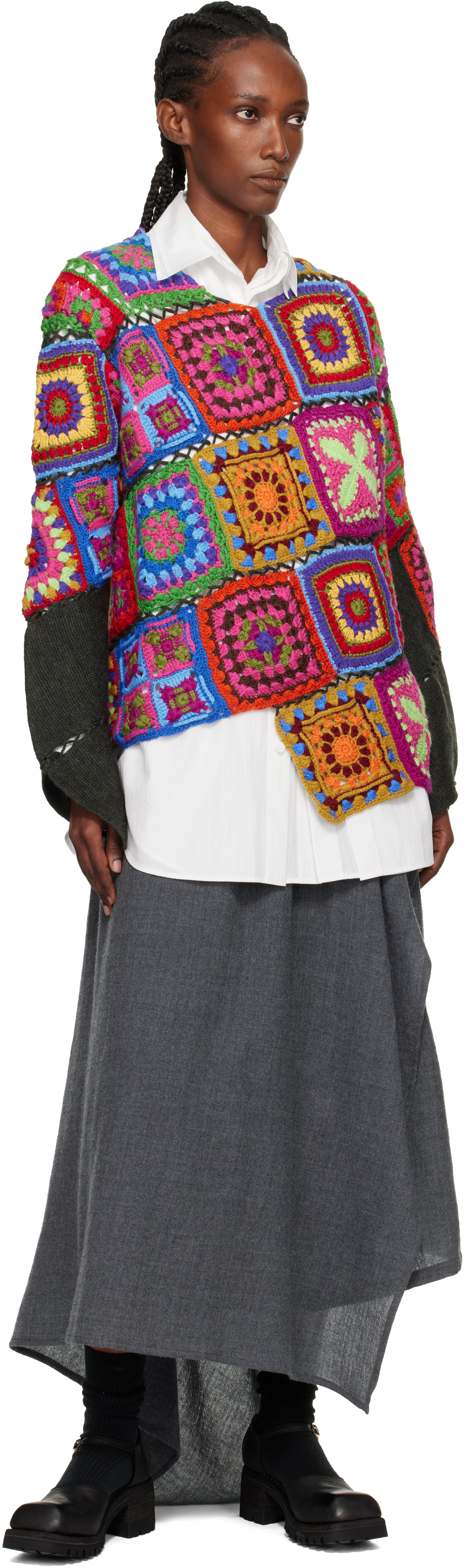 Comme Des Garçons Homme Deux Multicolor Multi Fabric Crochet Stitch Motif Knit Sweater In Pink