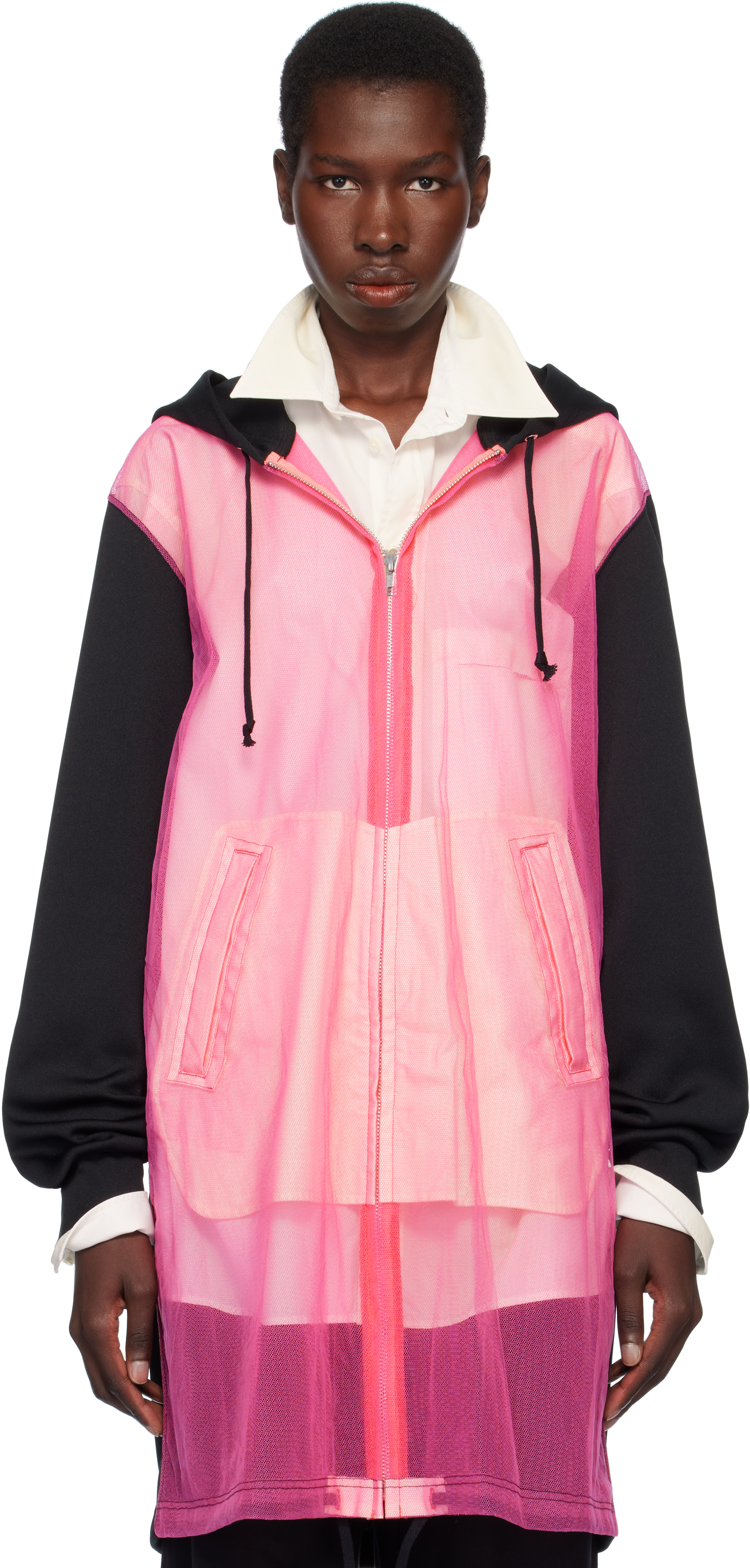 Black & Pink Polyester Thick & Nylon Tulle Zip-Up Hoodie