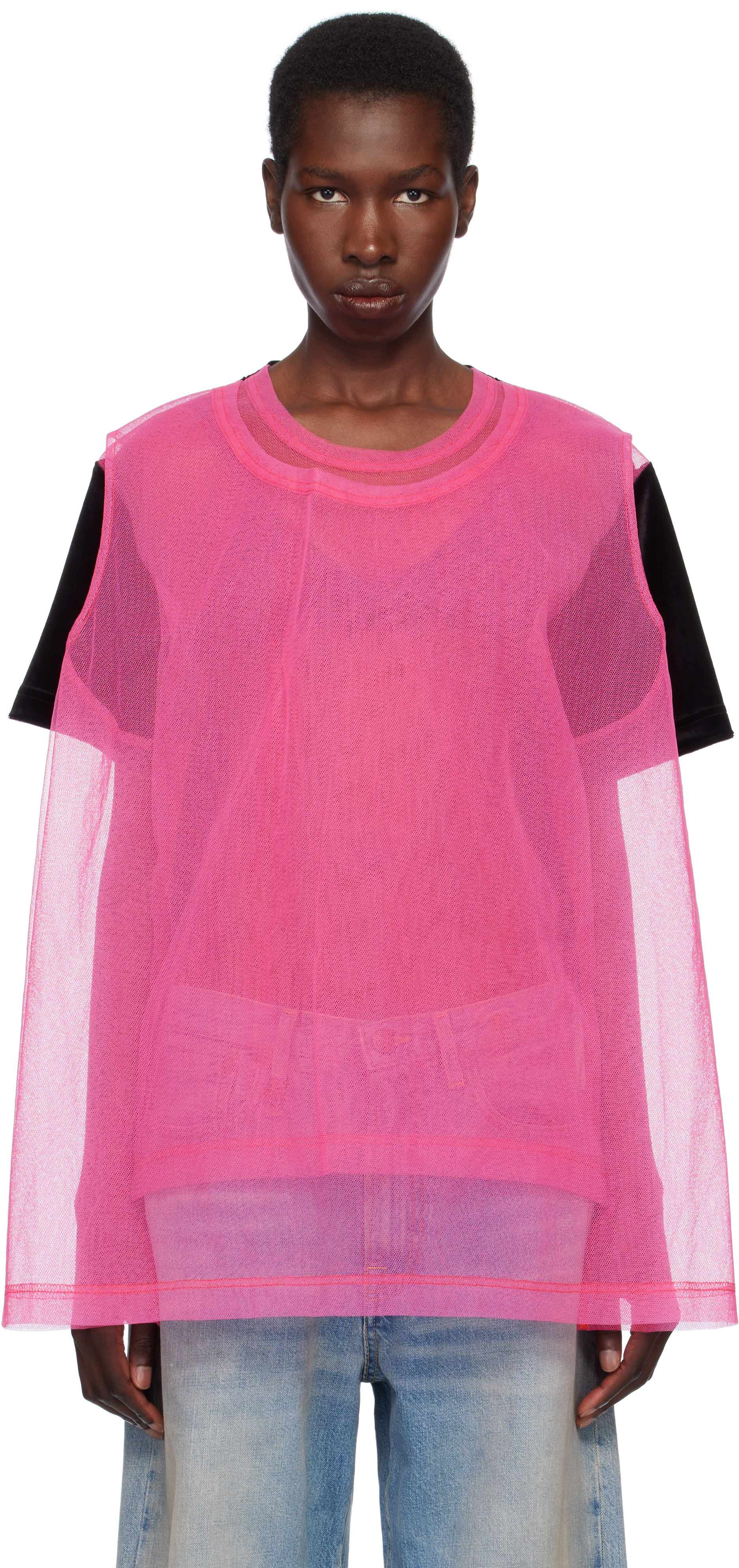 Black & Pink Bright Jersey & Nylon Tulle T-shirt