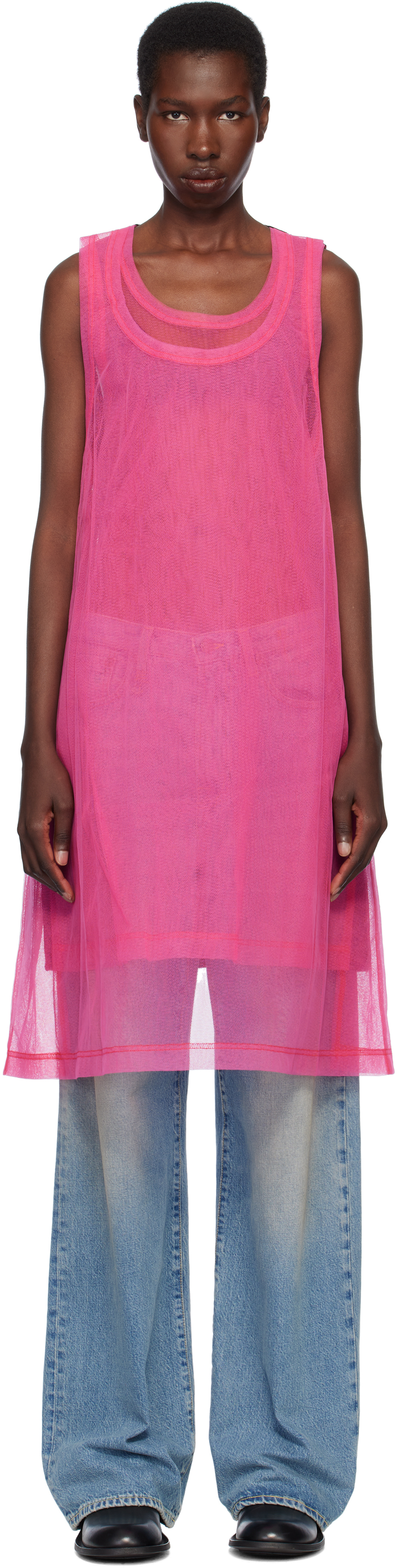 Black & Pink Bright Jersey & Nylon Tulle Tank Top