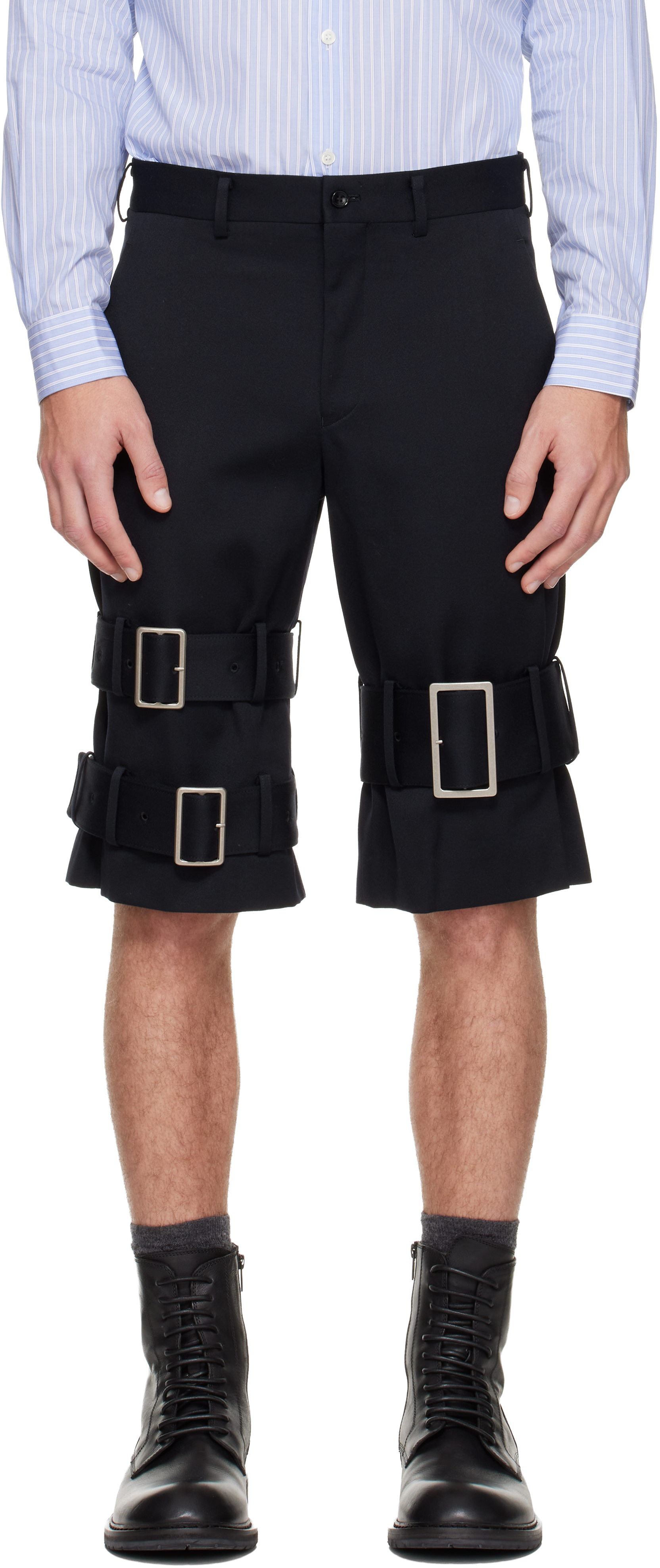 Comme Des Garçons Homme Deux Black Wool Cotton Black Satin Shorts In Black