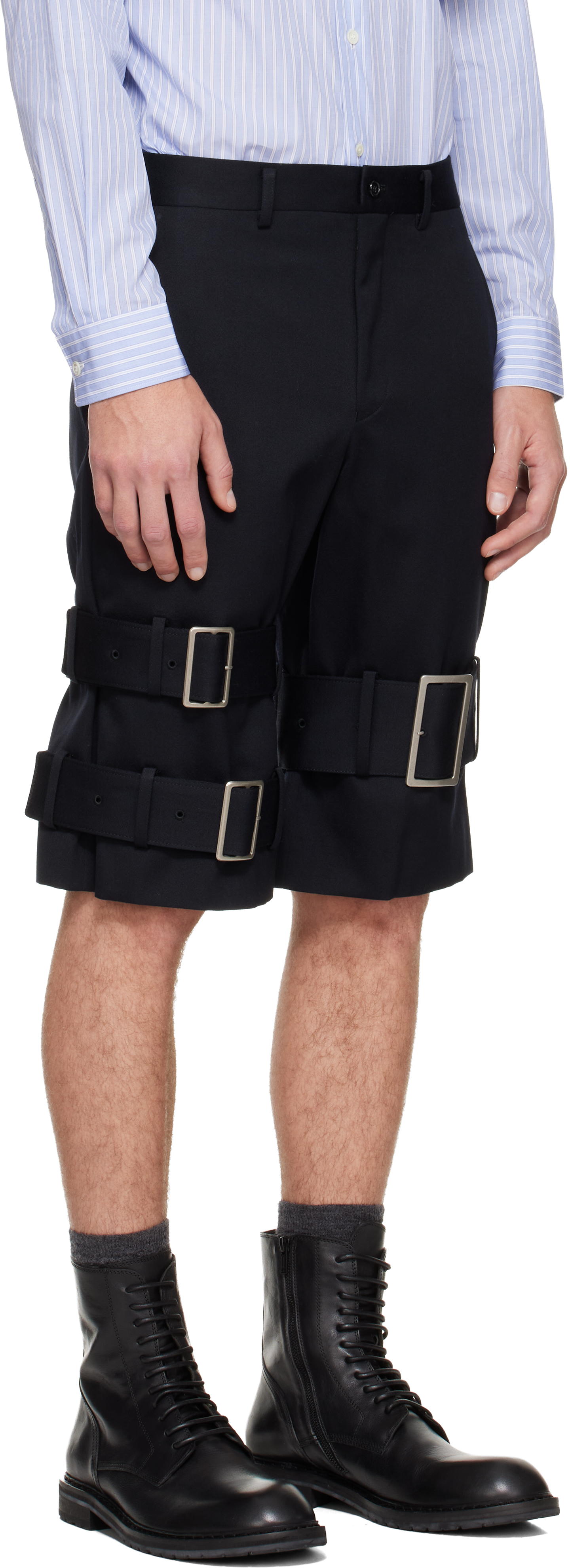Comme Des Garçons Homme Deux Black Wool Cotton Black Satin Shorts In Black