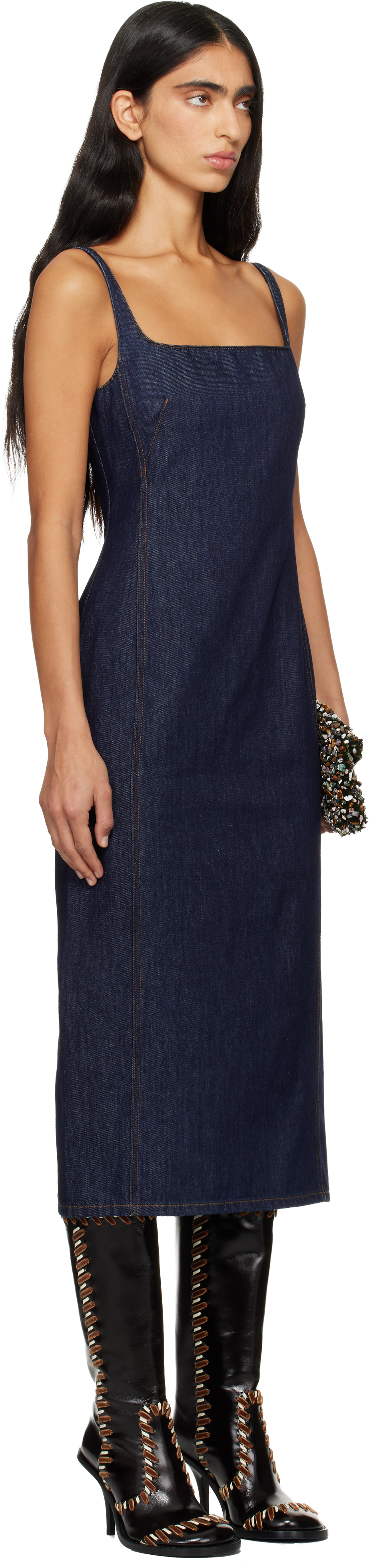 Dries Van Noten Blue Fitted Denim Midi Dress In Blue