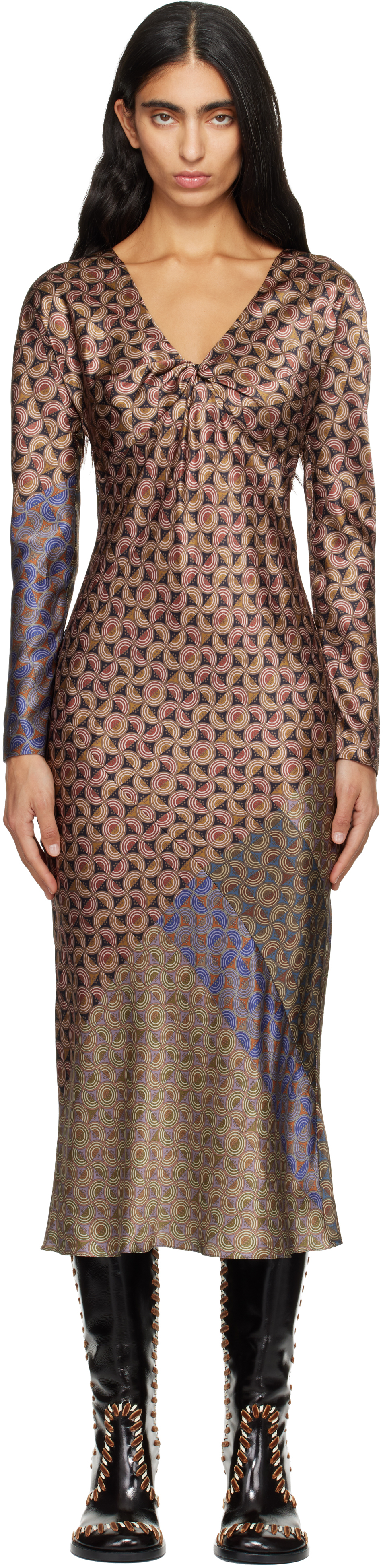 Dries Van Noten Multicolor Silk Midi Dress In Brown
