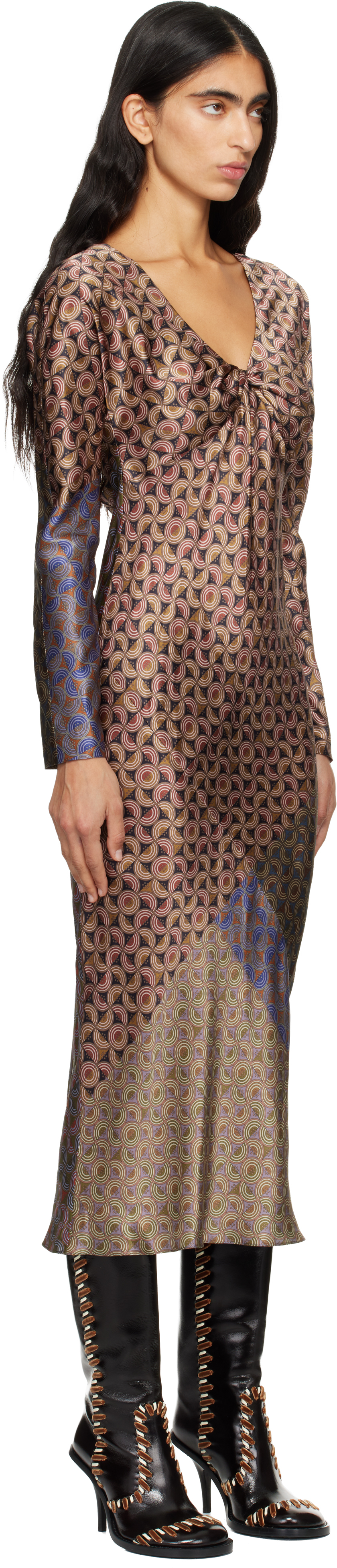 Dries Van Noten Multicolor Silk Midi Dress In Brown