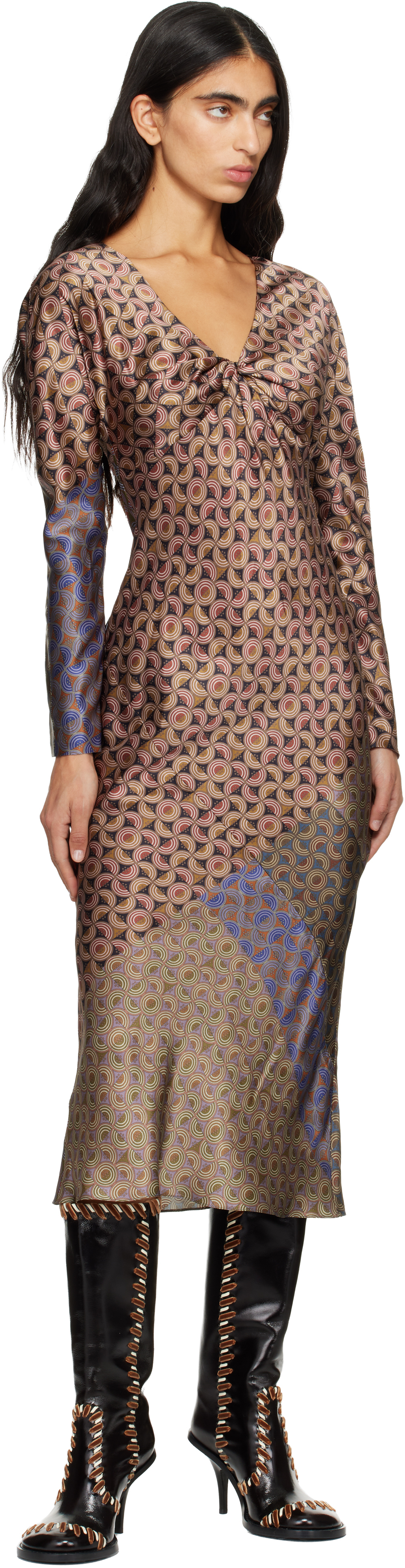 Dries Van Noten Multicolor Silk Midi Dress In Brown