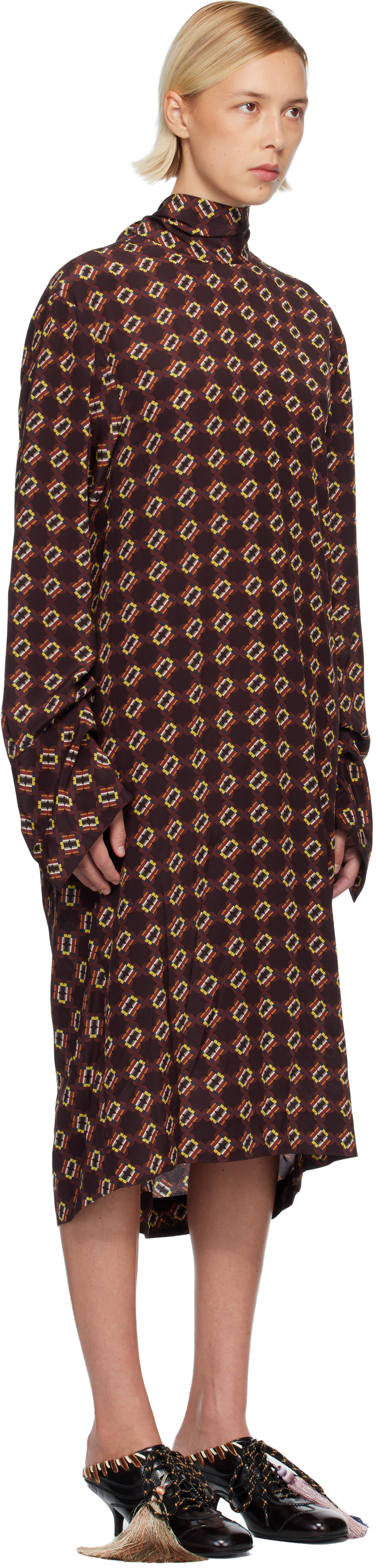 Dries Van Noten Burgundy Silk Midi Dress In Brown