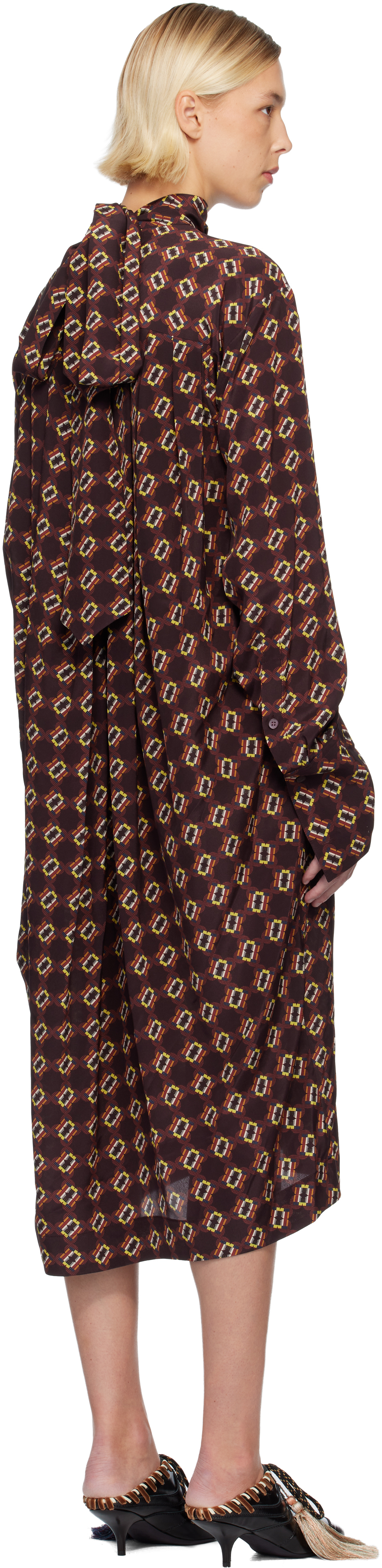 Dries Van Noten Burgundy Silk Midi Dress In Brown