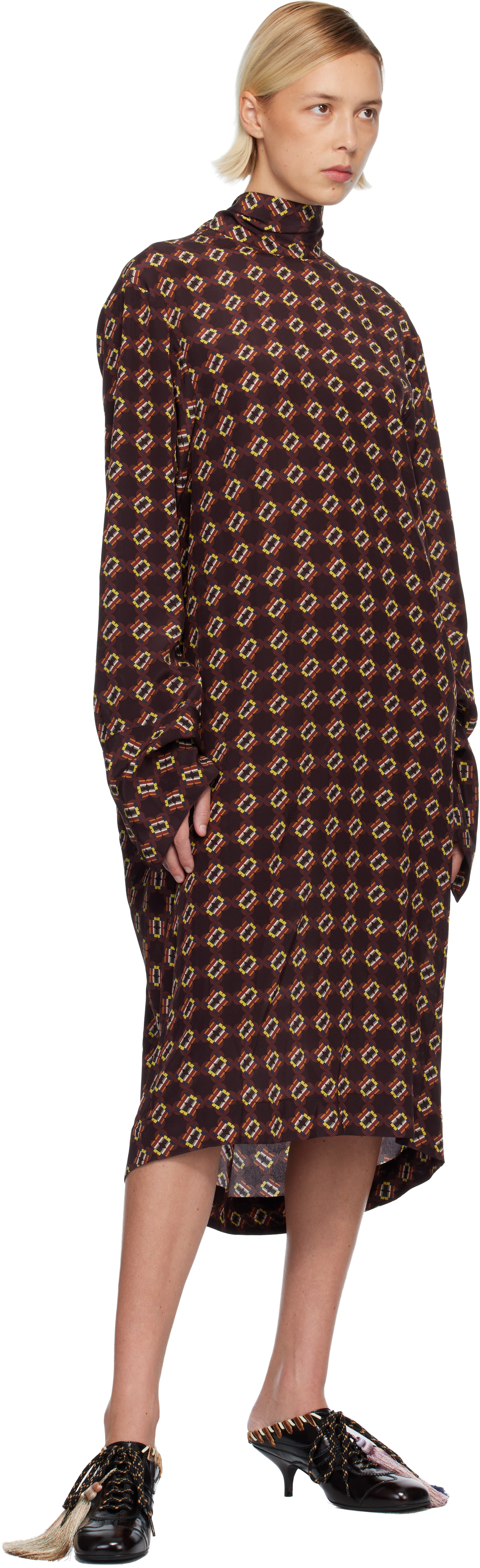 Dries Van Noten Burgundy Silk Midi Dress In Brown