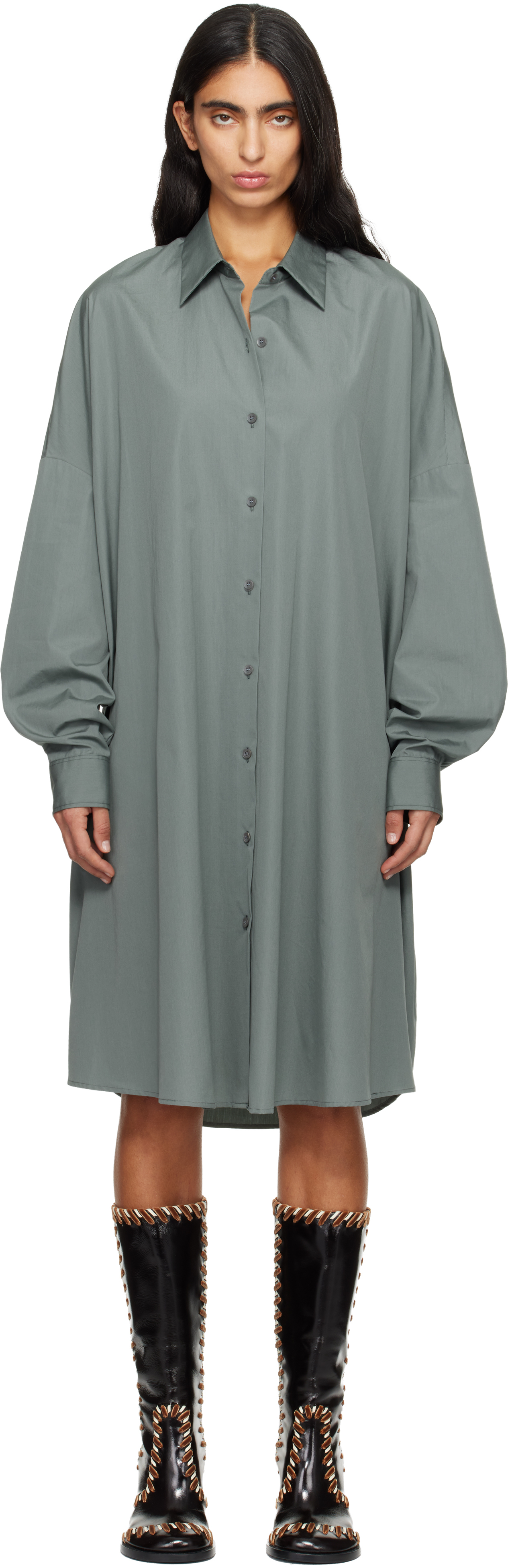 Green Cotton Shirt Midi Dress by Dries Van Noten on Sale