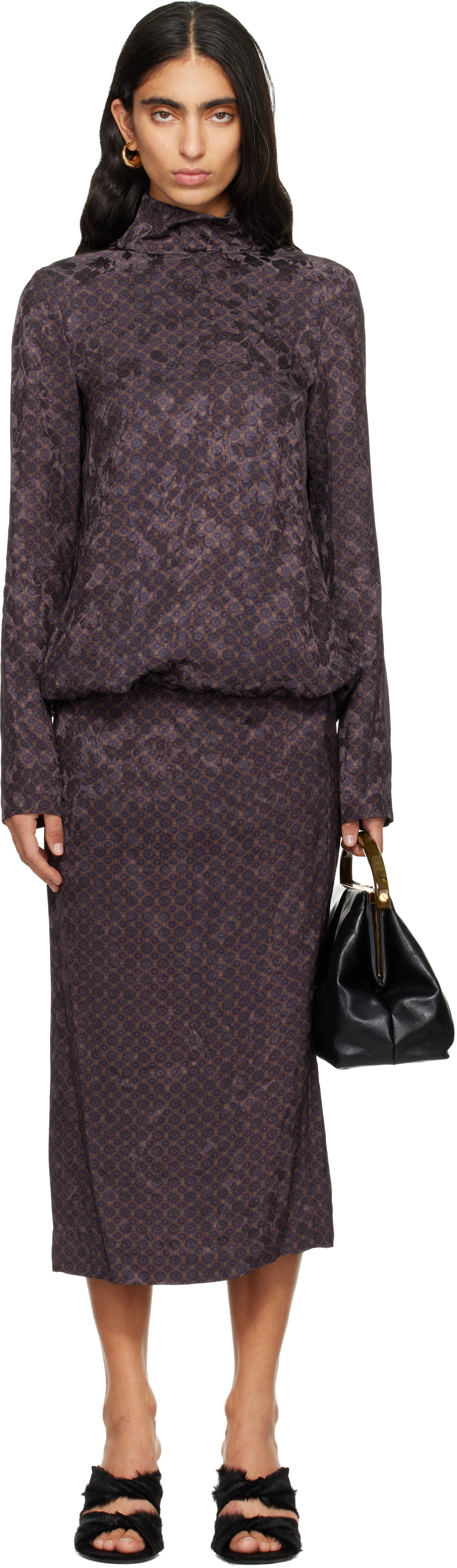 Dries Van Noten Brown Gathered Midi Dress