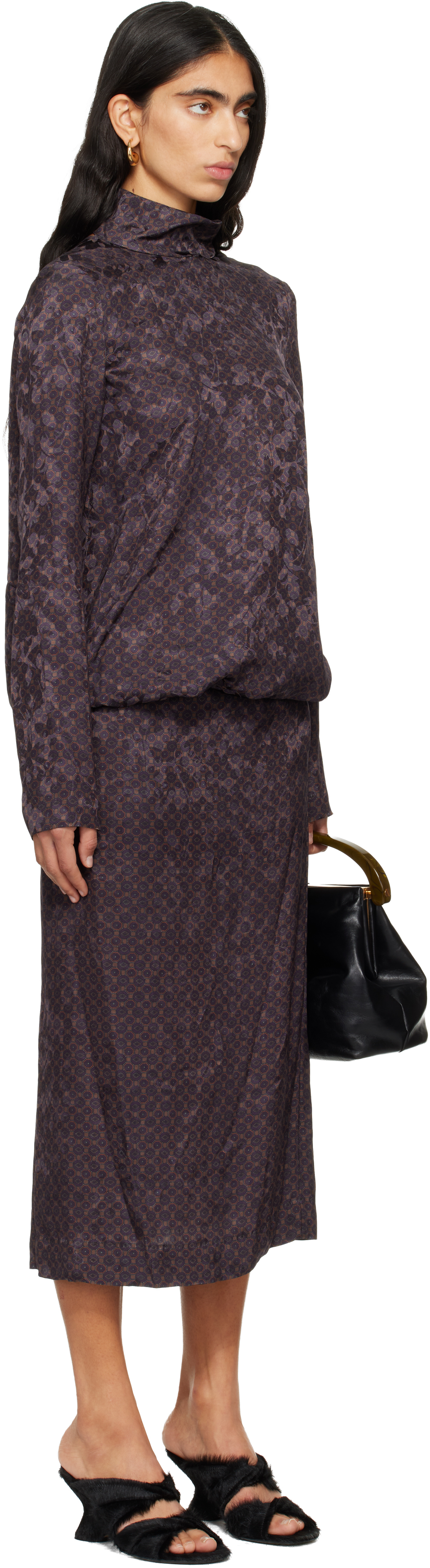 Dries Van Noten Brown Gathered Midi Dress